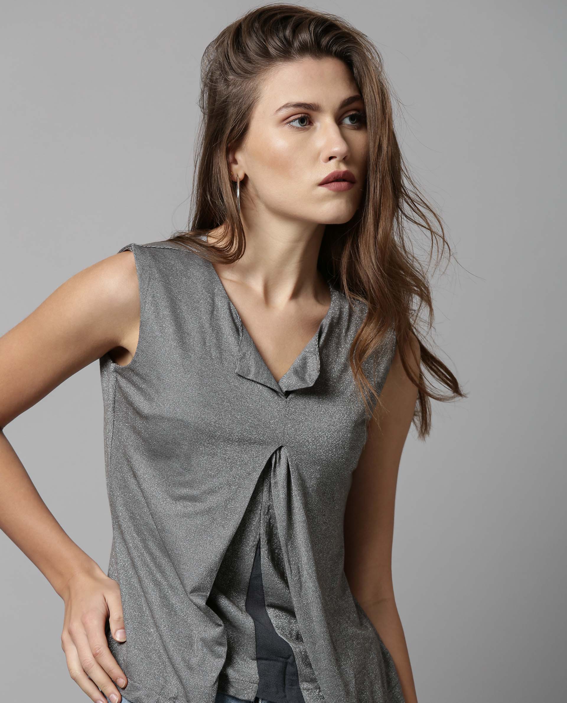 Rareism Womens Comet Grey Top Poly Rayon Blend Fabric Sleeveless Regular Fit Round Neck