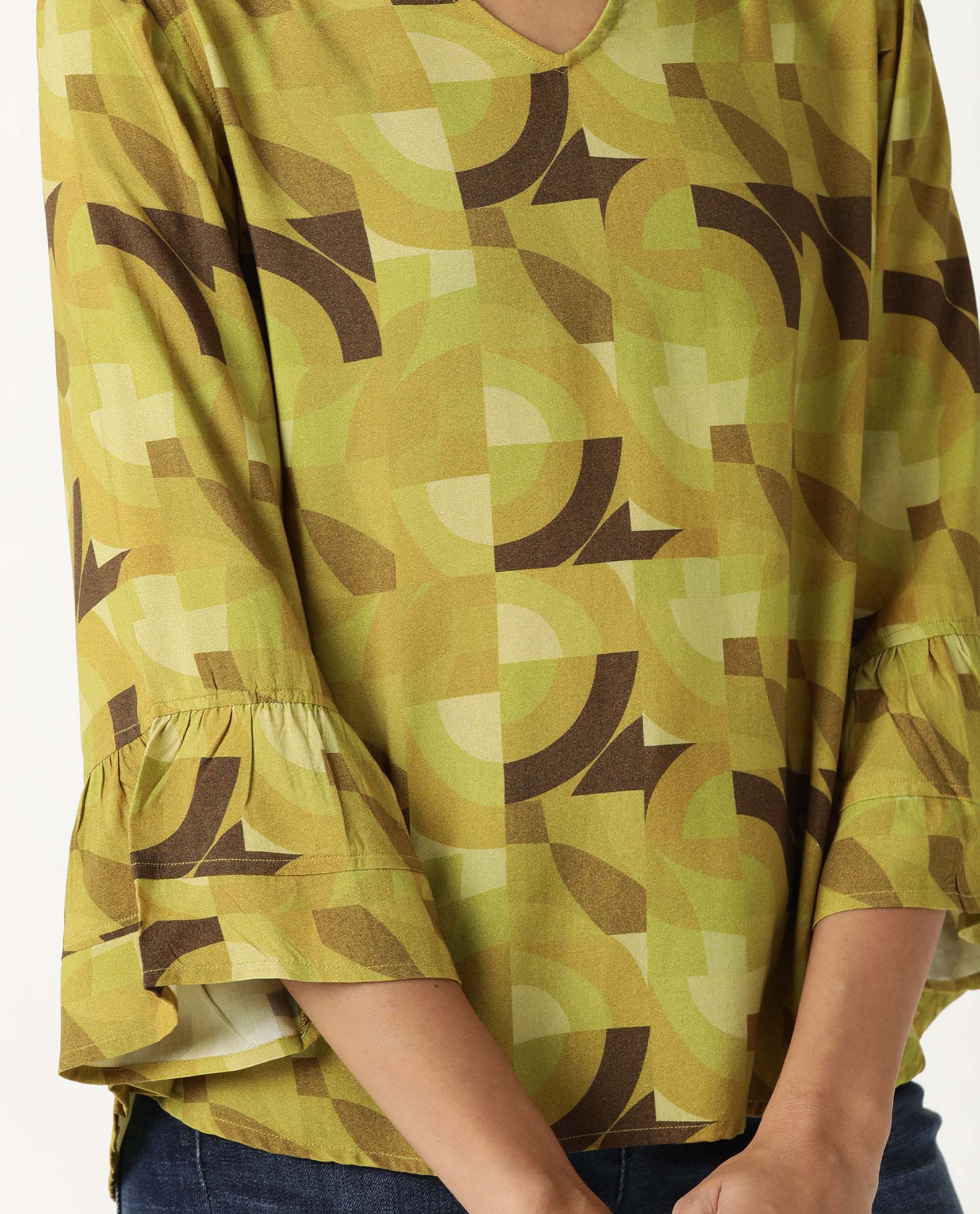 Rareism Womens Flex Green Top Regular Fit Balloon Sleeve V Neck