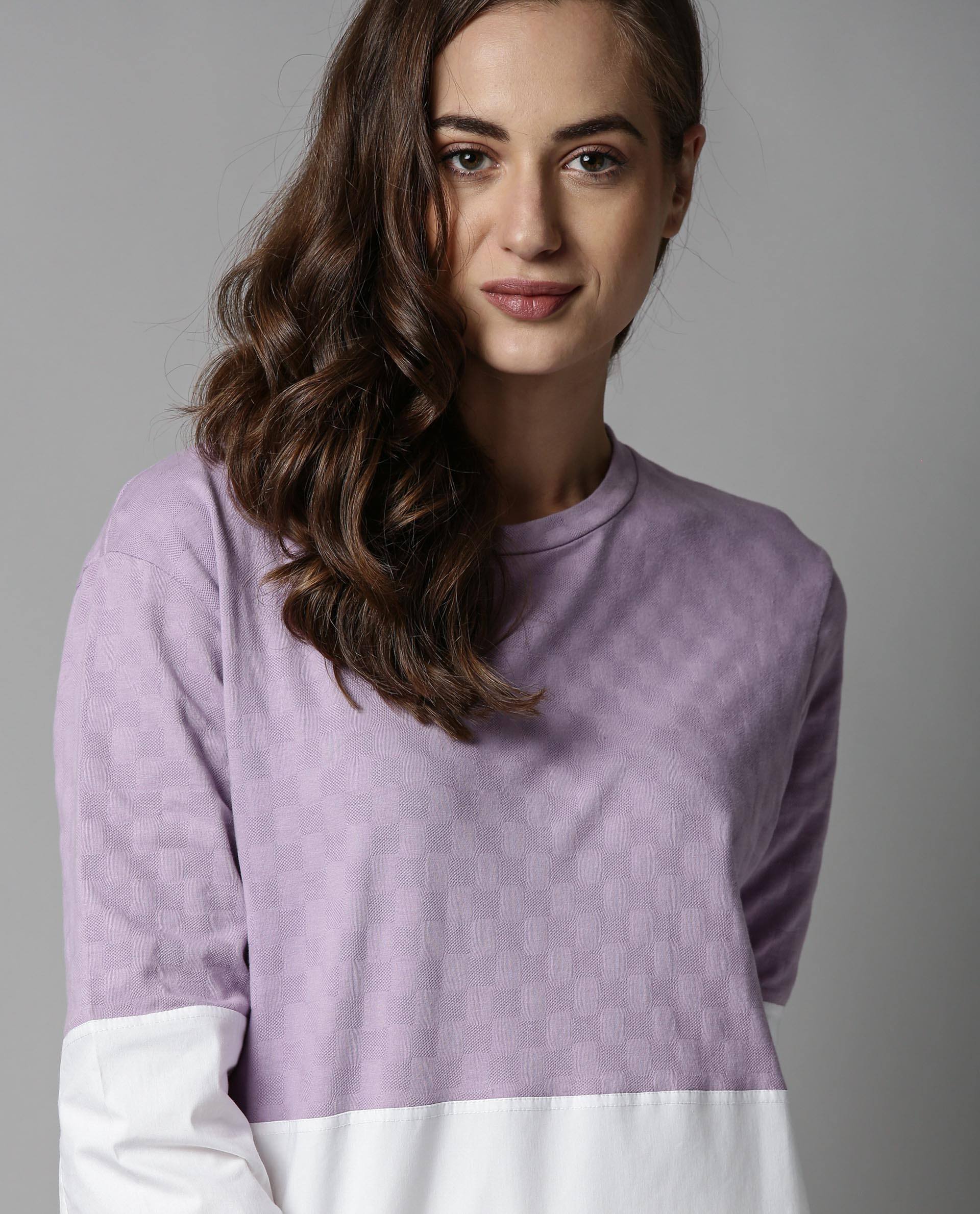 Rareism Women Lux Purple Top Knit Fabric Short Sleeves Solid