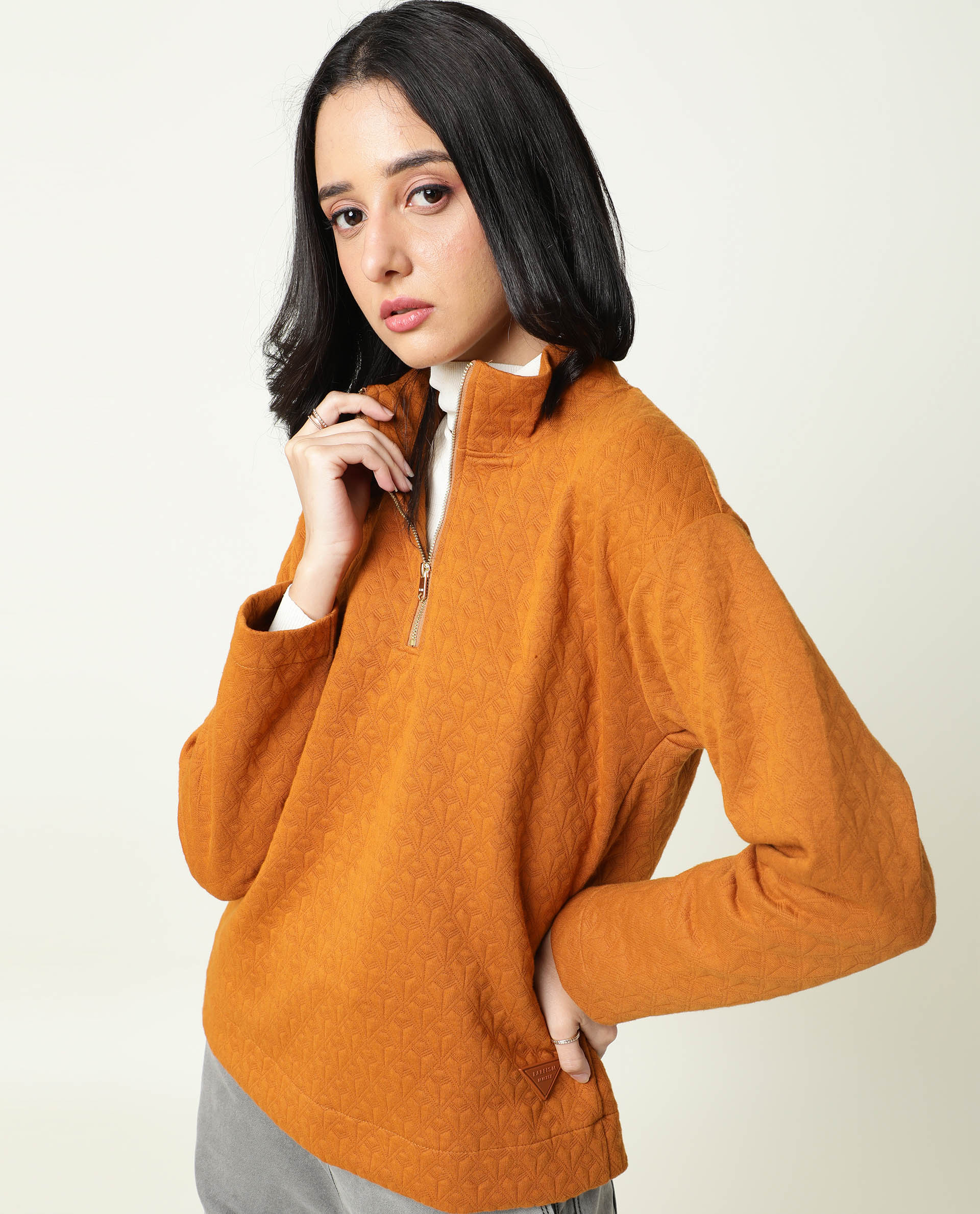 Rareism Women Bozo Dark Rust  Regular Fit Full Sleeves Textured High Neck Sweatshirt