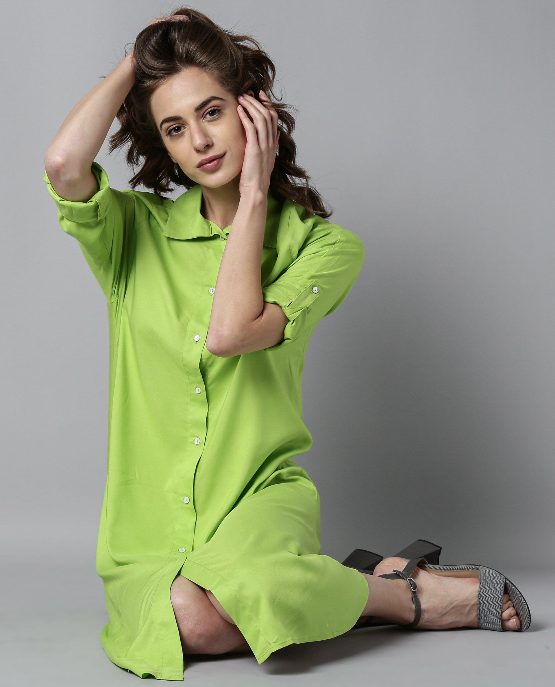 Rareism Women Toss Green Dress Short Sleeves Solid