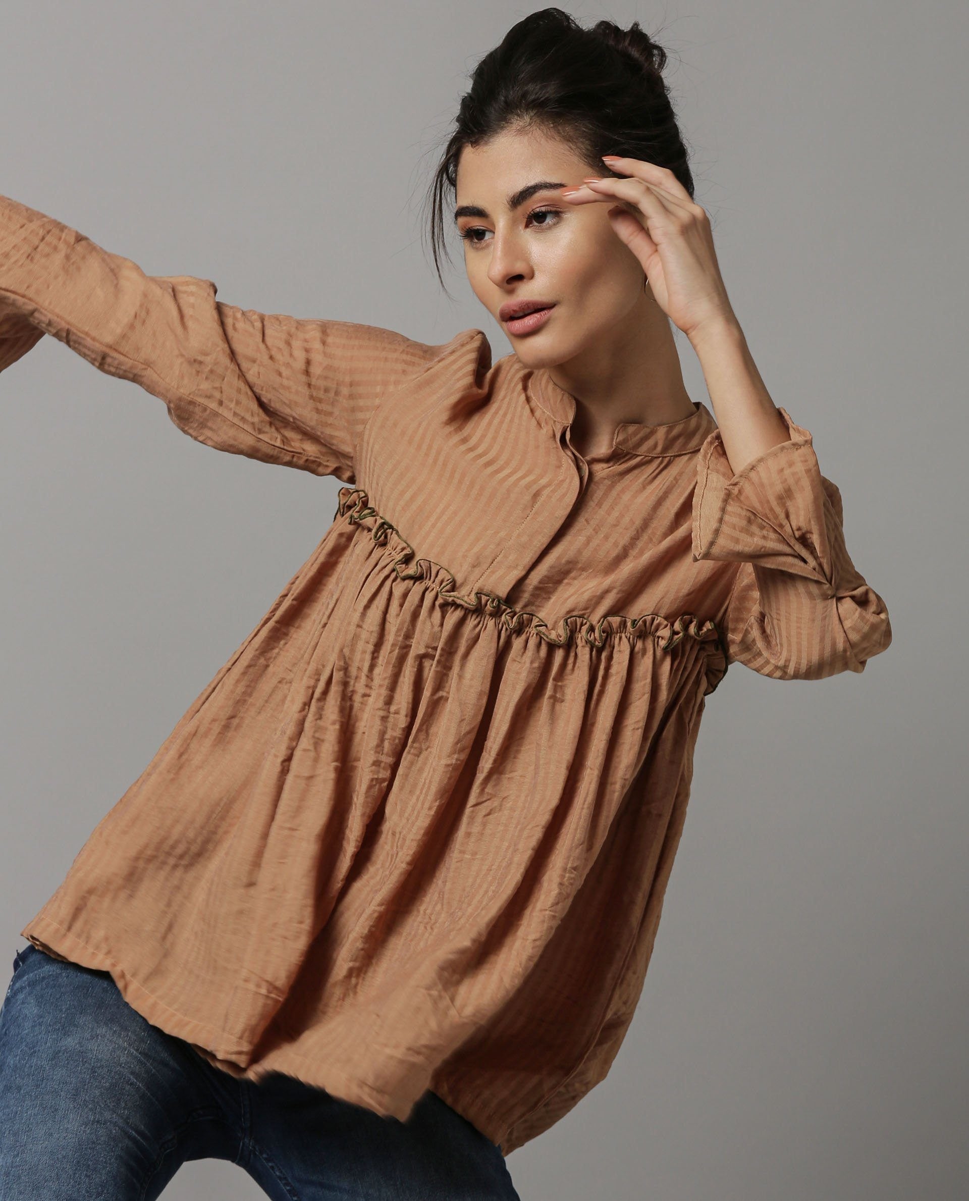 Rareism Women Poetry Brown Top Full Sleeves