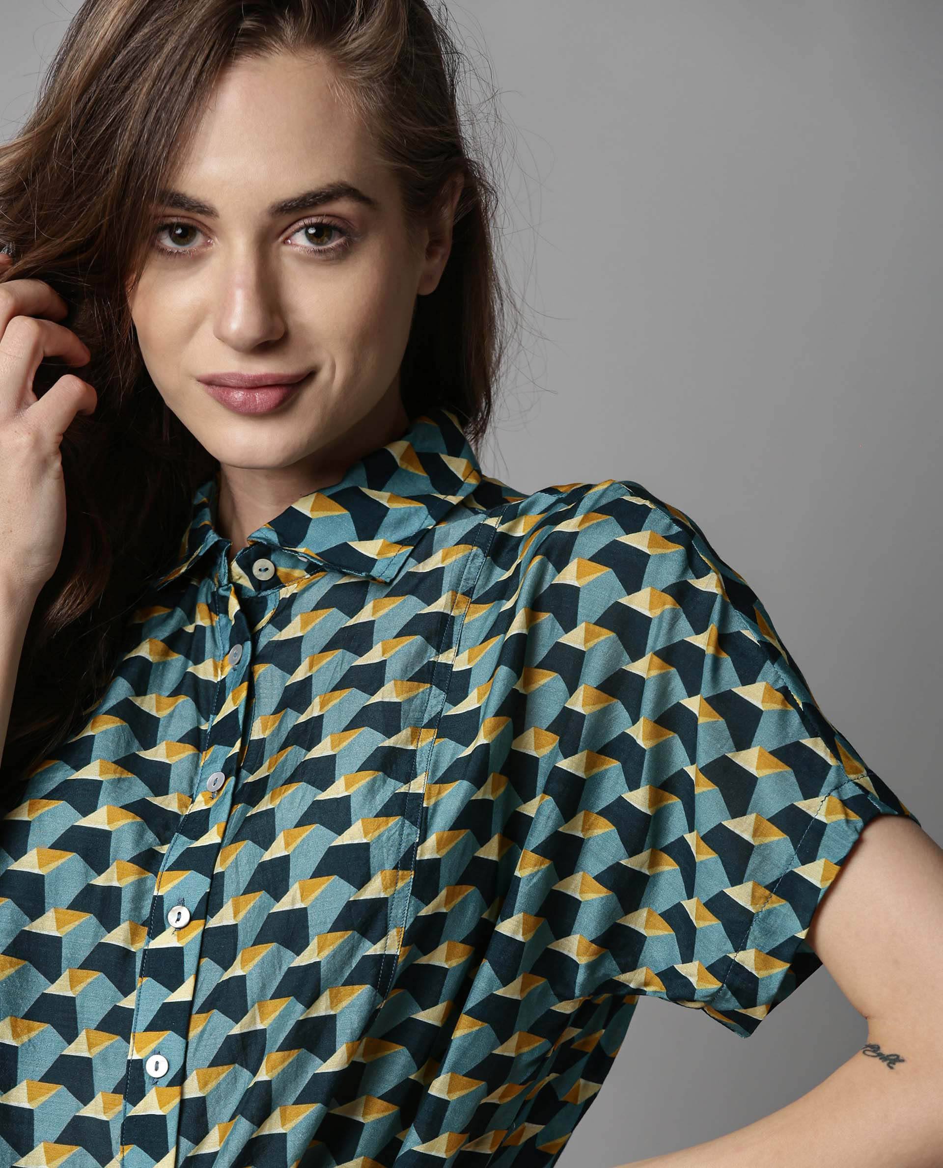 Rareism Women Biza Blue Top Short Sleeves Printed