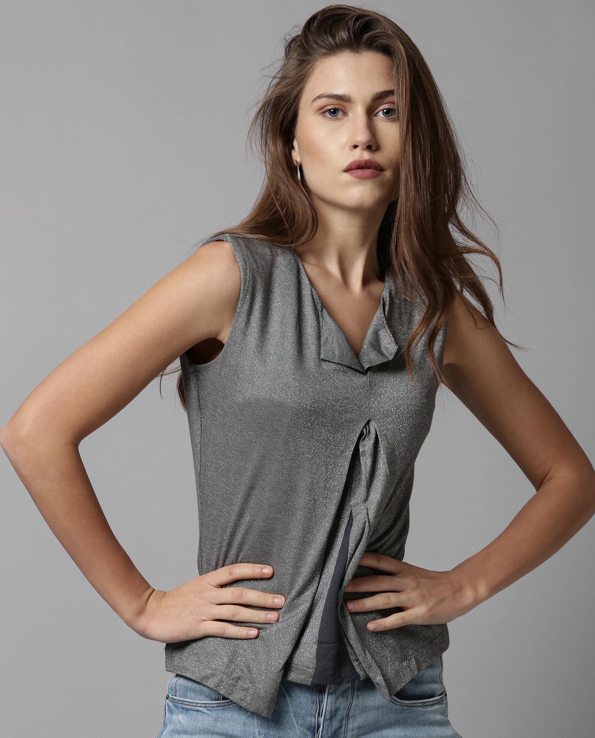 Rareism Womens Comet Grey Top Poly Rayon Blend Fabric Sleeveless Regular Fit Round Neck