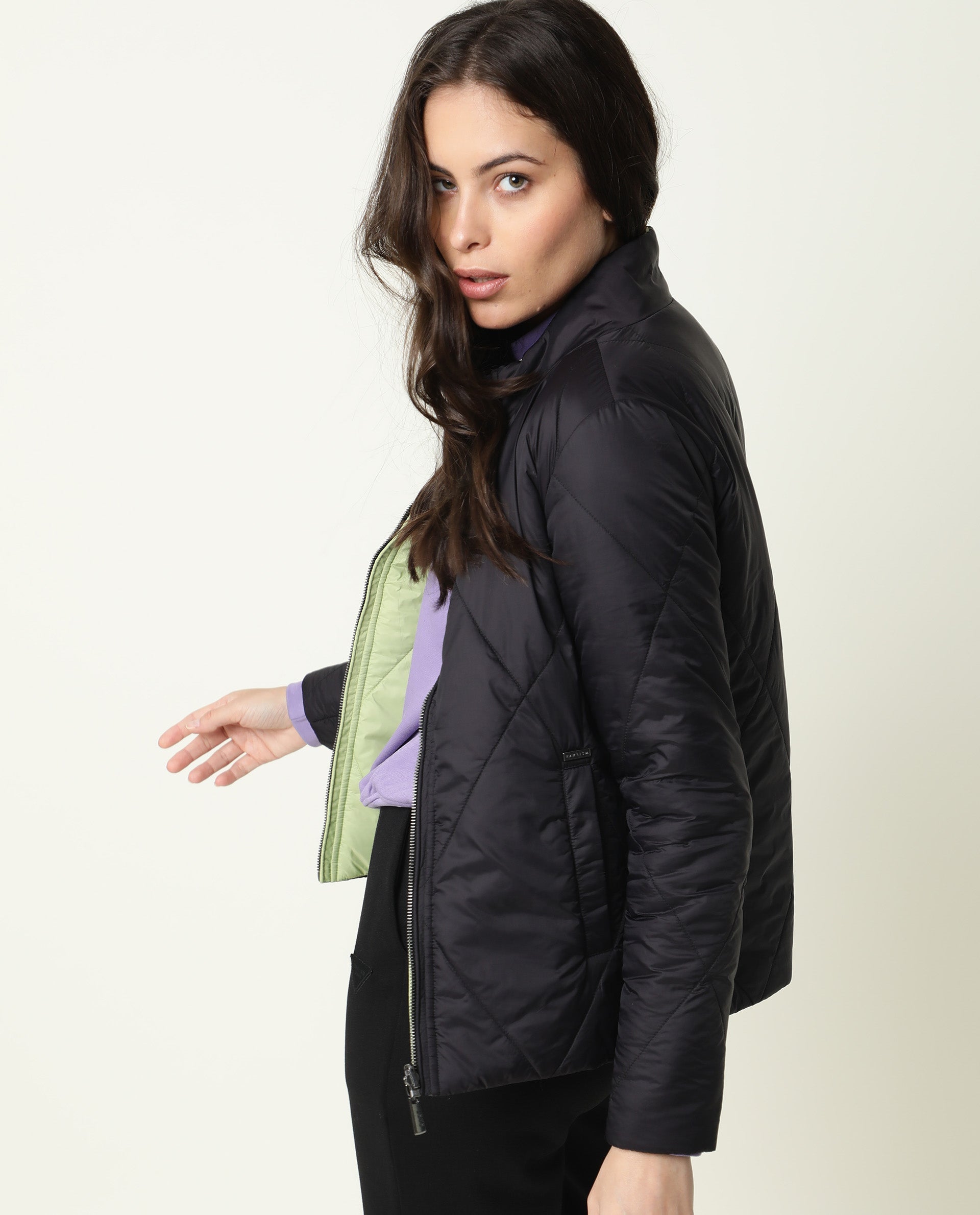 Rareism Women Cora Black Polyester Fabric Full Sleeves Solid High Neck Jacket