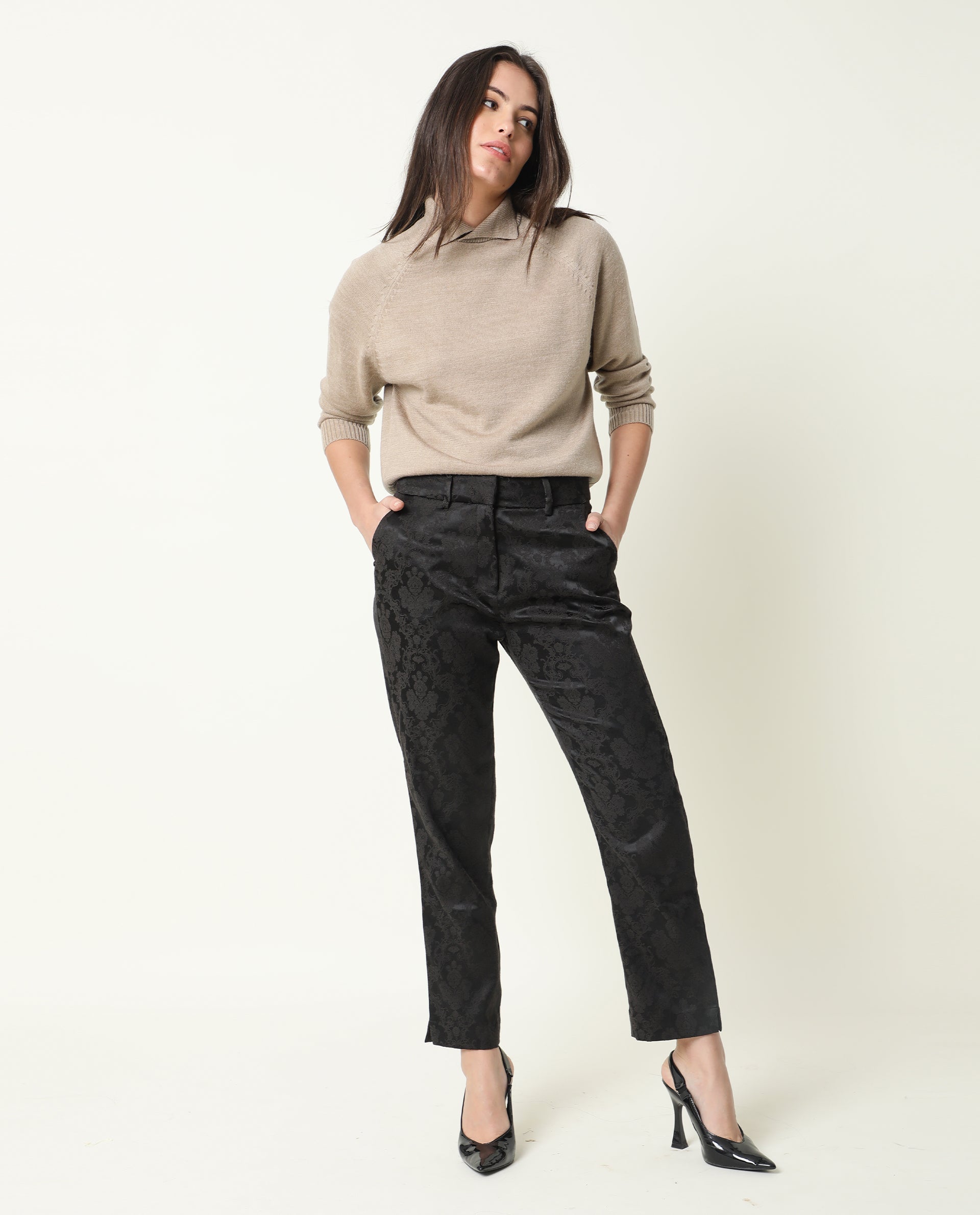 Rareism Women Nestea Black Velvet Tailored Fit High Rise Floral Print Ankle Length Trousers