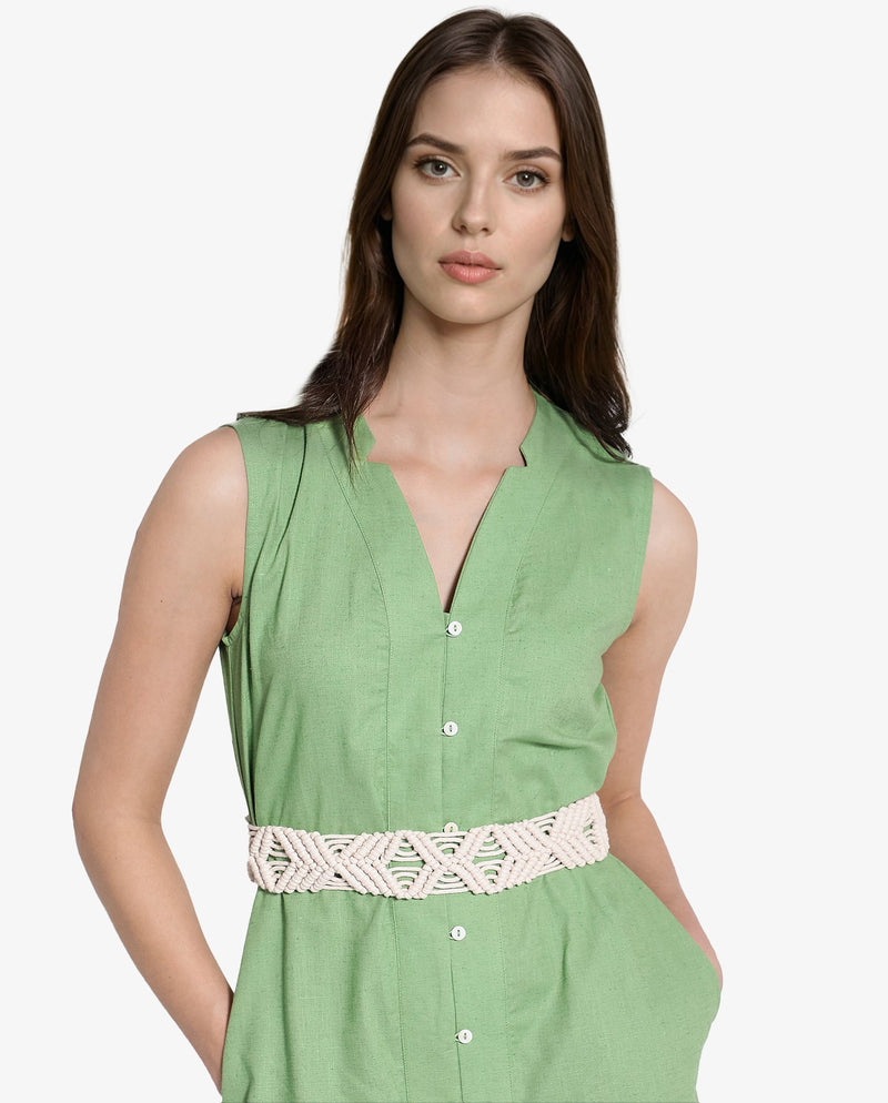 Rareism Women Foream Pastel Green Cotton Linen Fabric Sleeveless V-Neck Solid Longline Dress