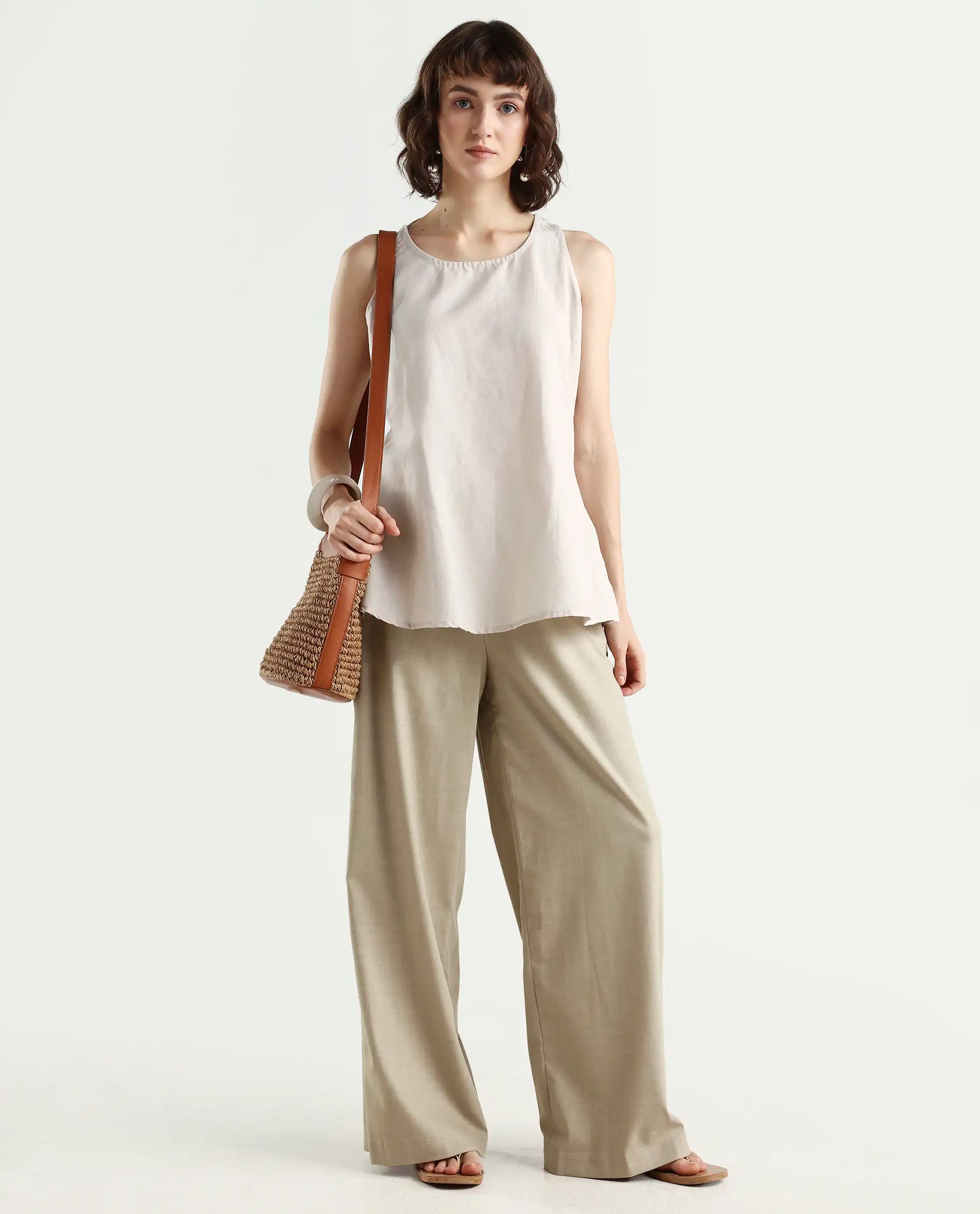 Rareism Women's Unite L Grey Crew Neck Plain Sleeveless Knee Length Regular Fit Top