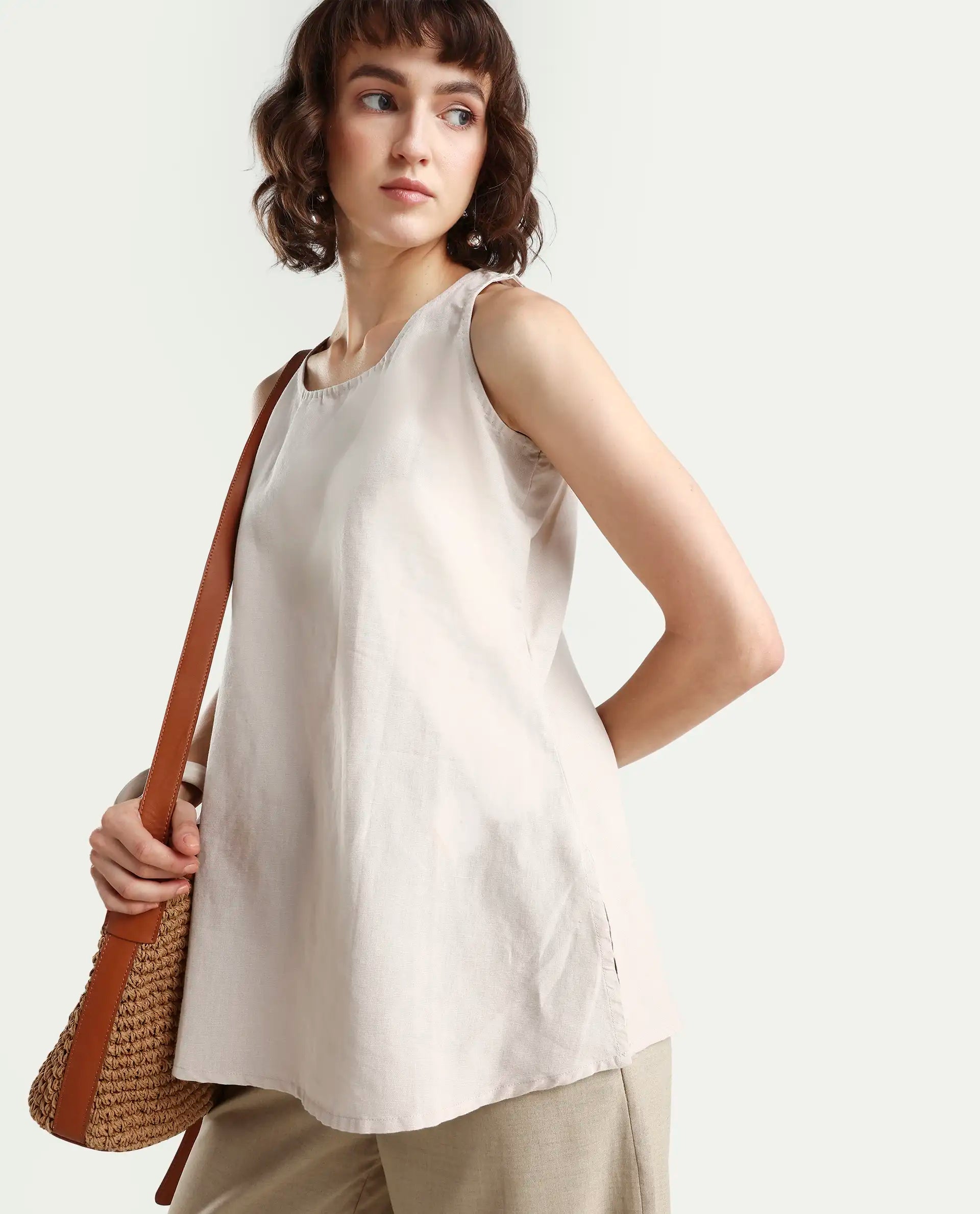 Rareism Women's Unite L Grey Crew Neck Plain Sleeveless Knee Length Regular Fit Top