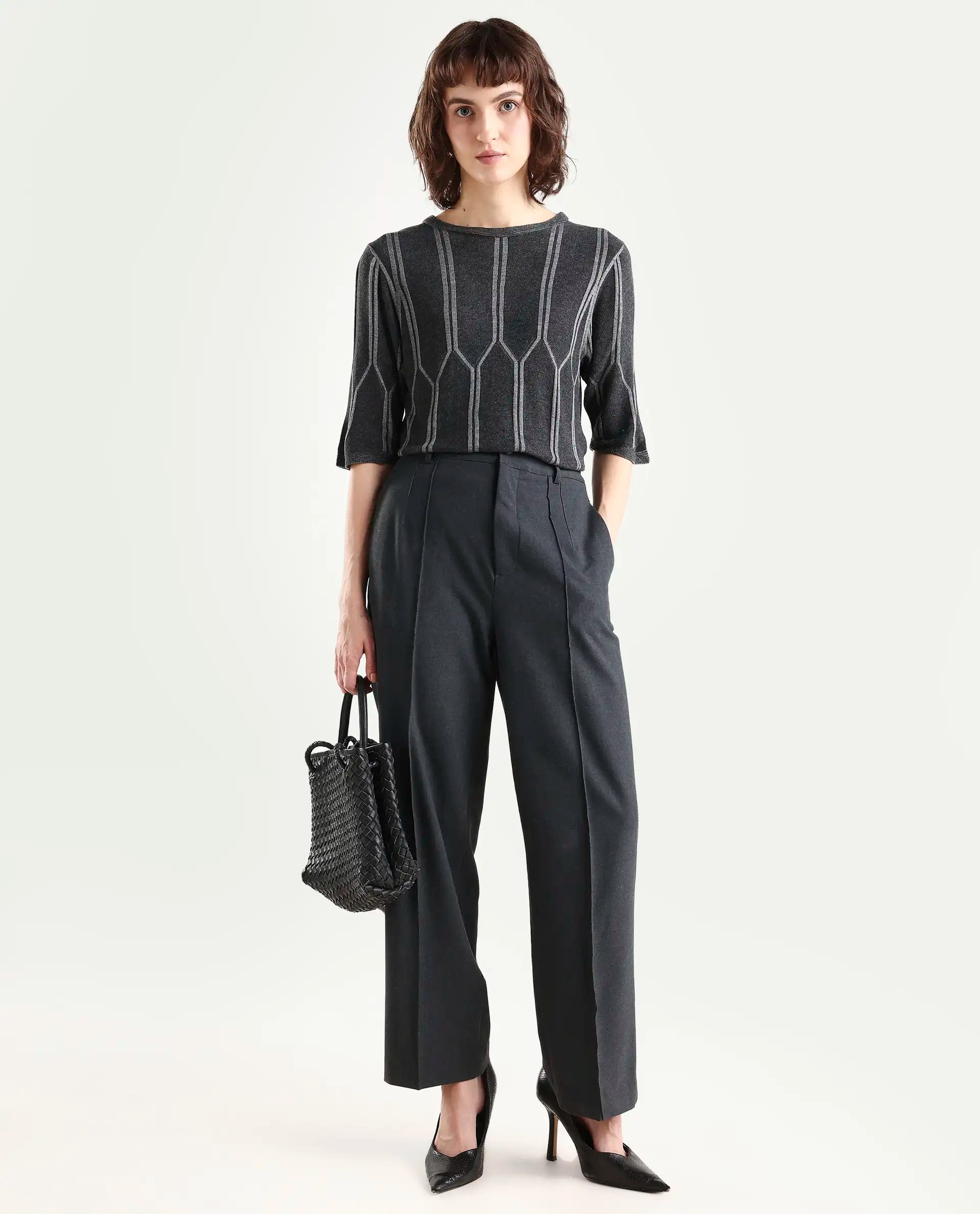 Rareism Women Orate Black Top Short Sleeves