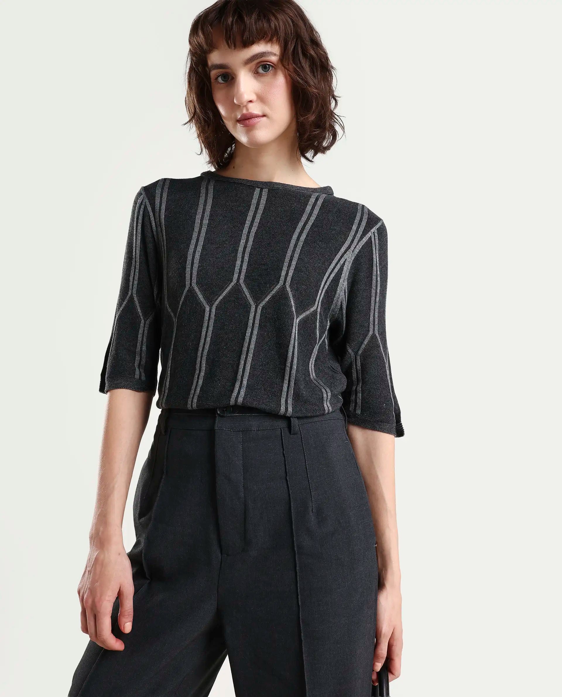 Rareism Women Orate Black Top Short Sleeves