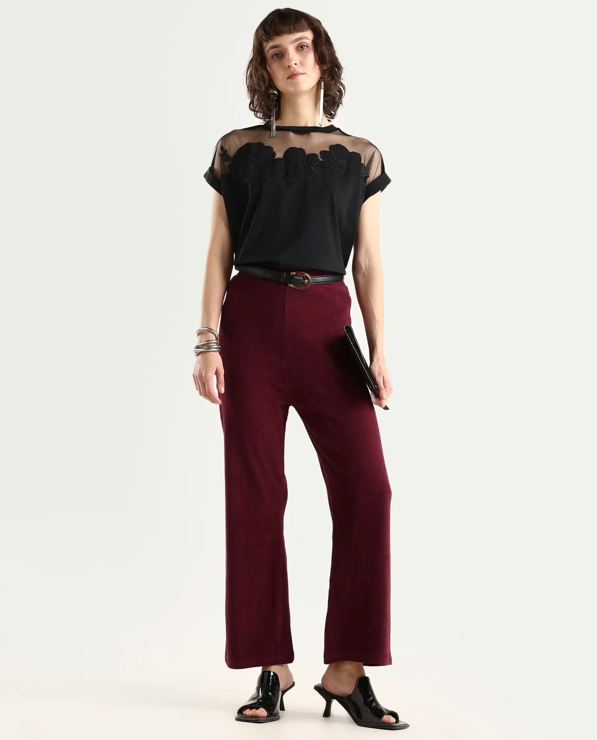 Rareism Women Magica Maroon Trousers Knit Fabric Solid