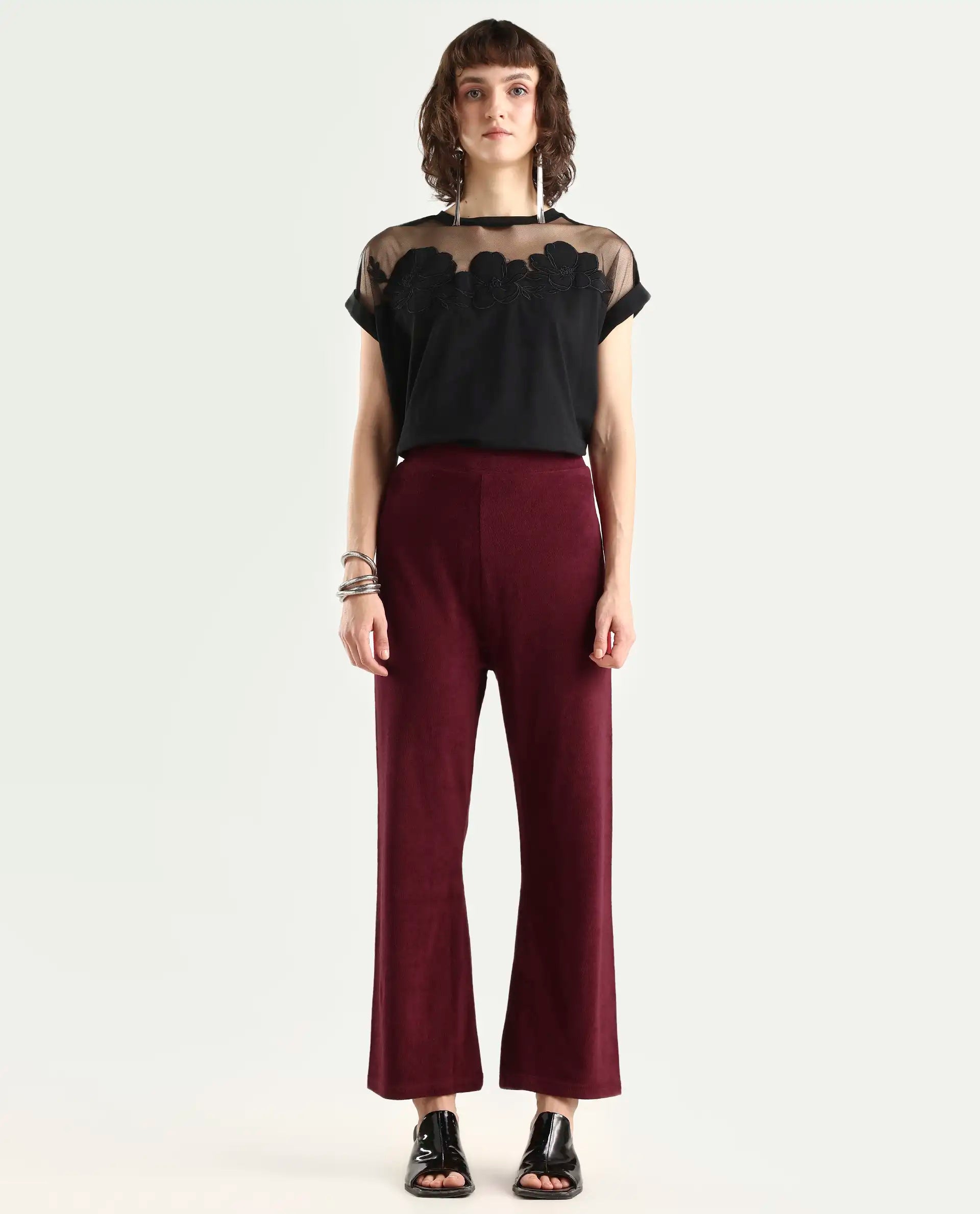Rareism Women Magica Maroon Trousers Knit Fabric Solid