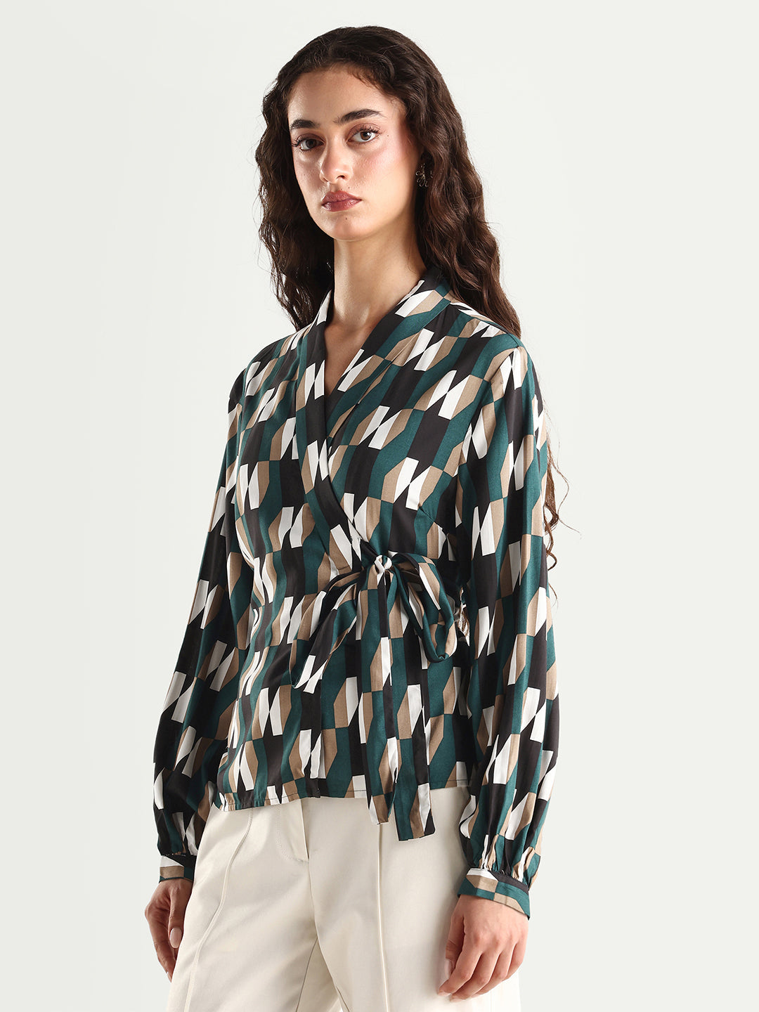 Rareism Women's Tom Black Viscose V-Neck Checked Bishop Sleeve Crop Tailored Top