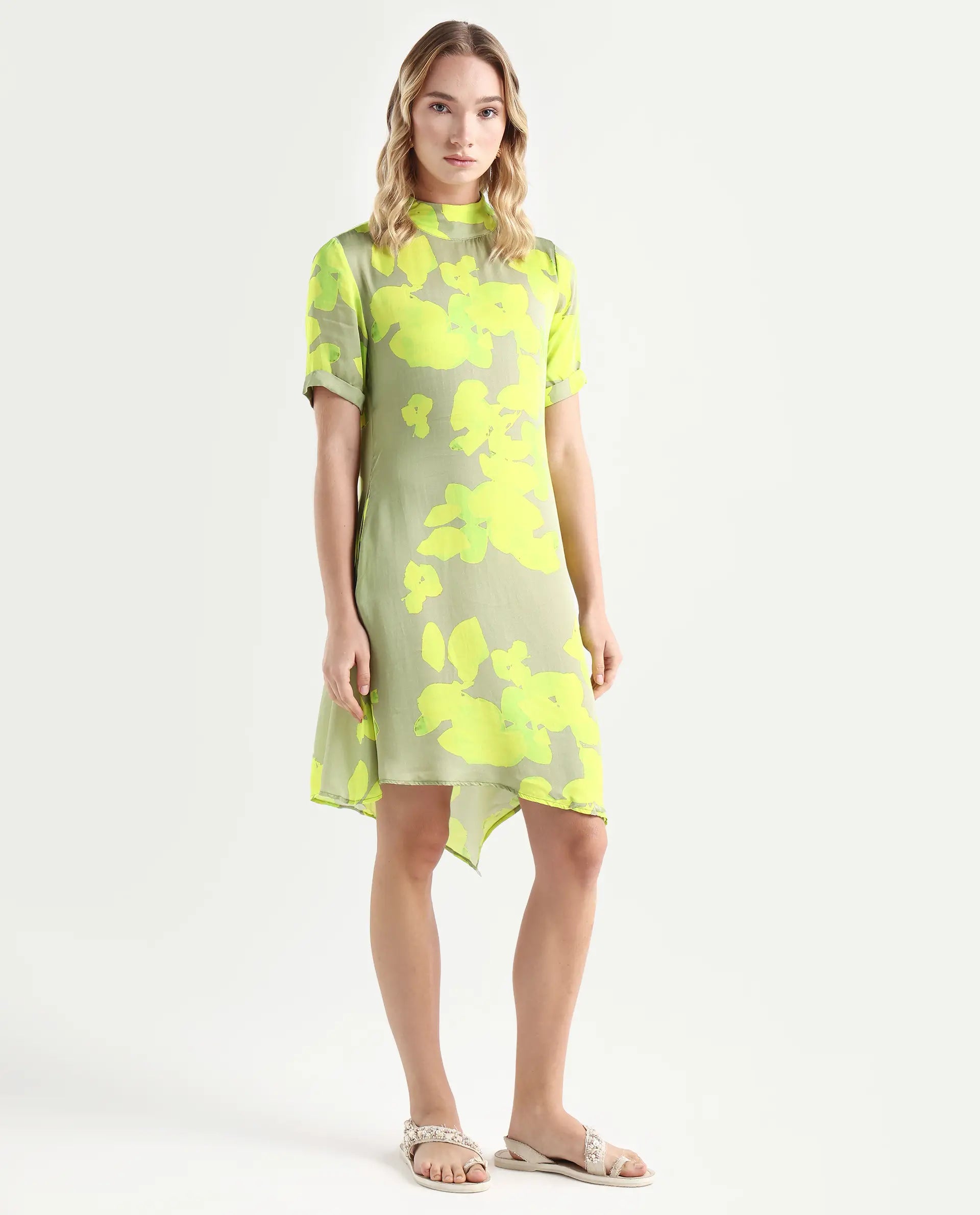 Rareism Women's Sprite Yellow Modal High Neck Abstract Print Knee Length Regular Fit Dress