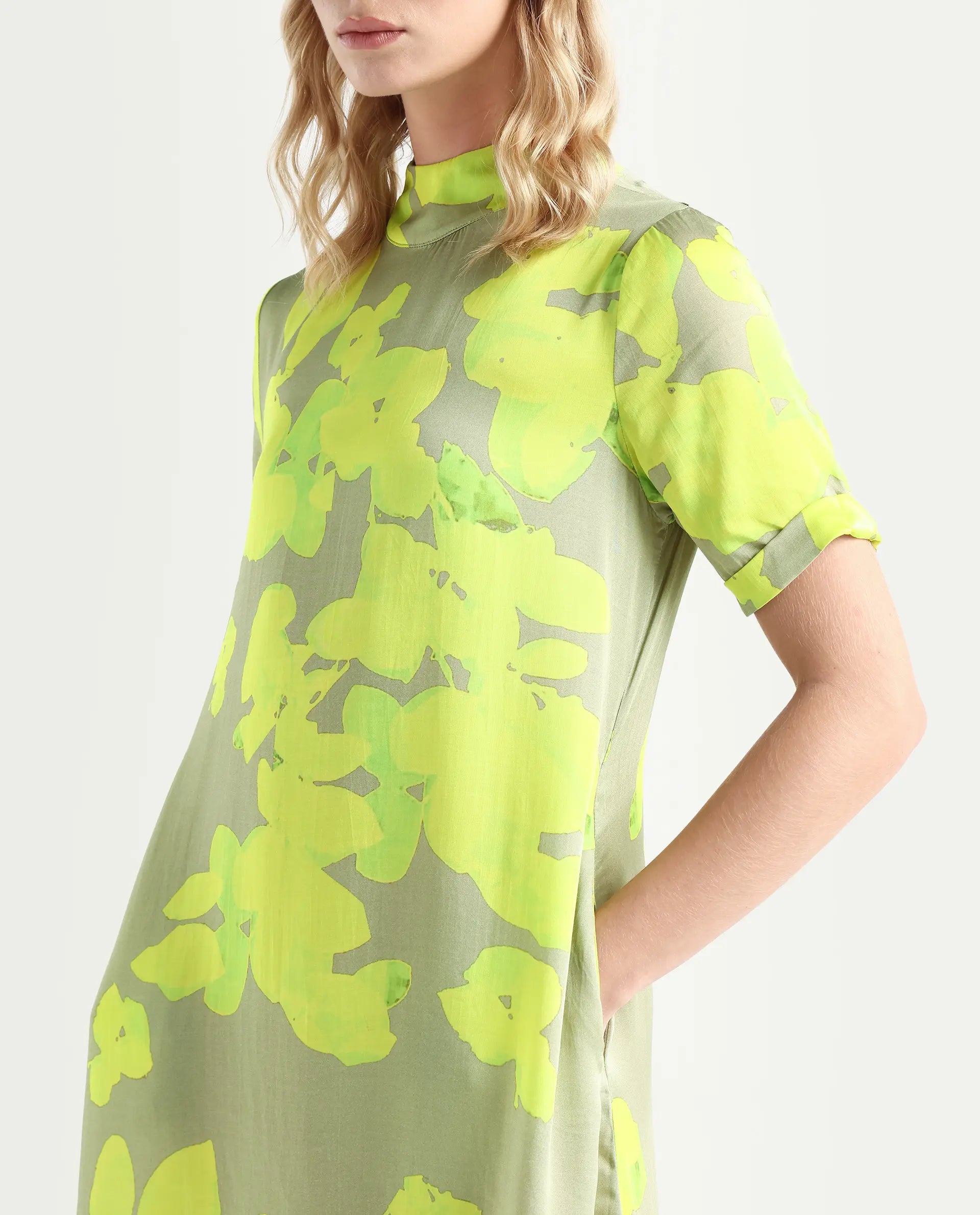 Rareism Women's Sprite Yellow Modal High Neck Abstract Print Knee Length Regular Fit Dress