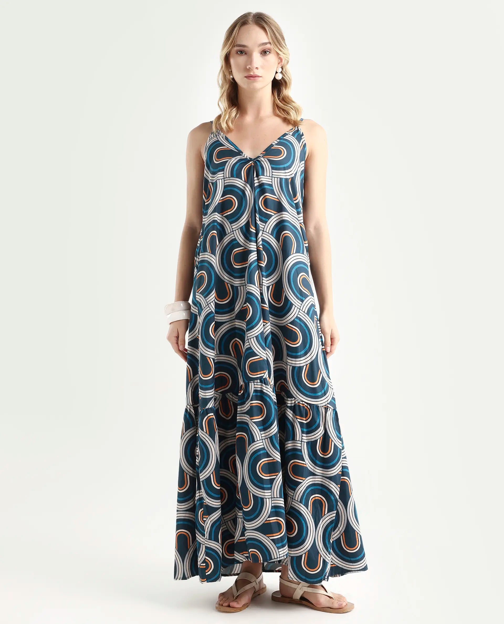 Rareism Women's Botany Blue Cotton V-Neck Abstract Print Shoulder Strap Maxi Relaxed Fit Dress