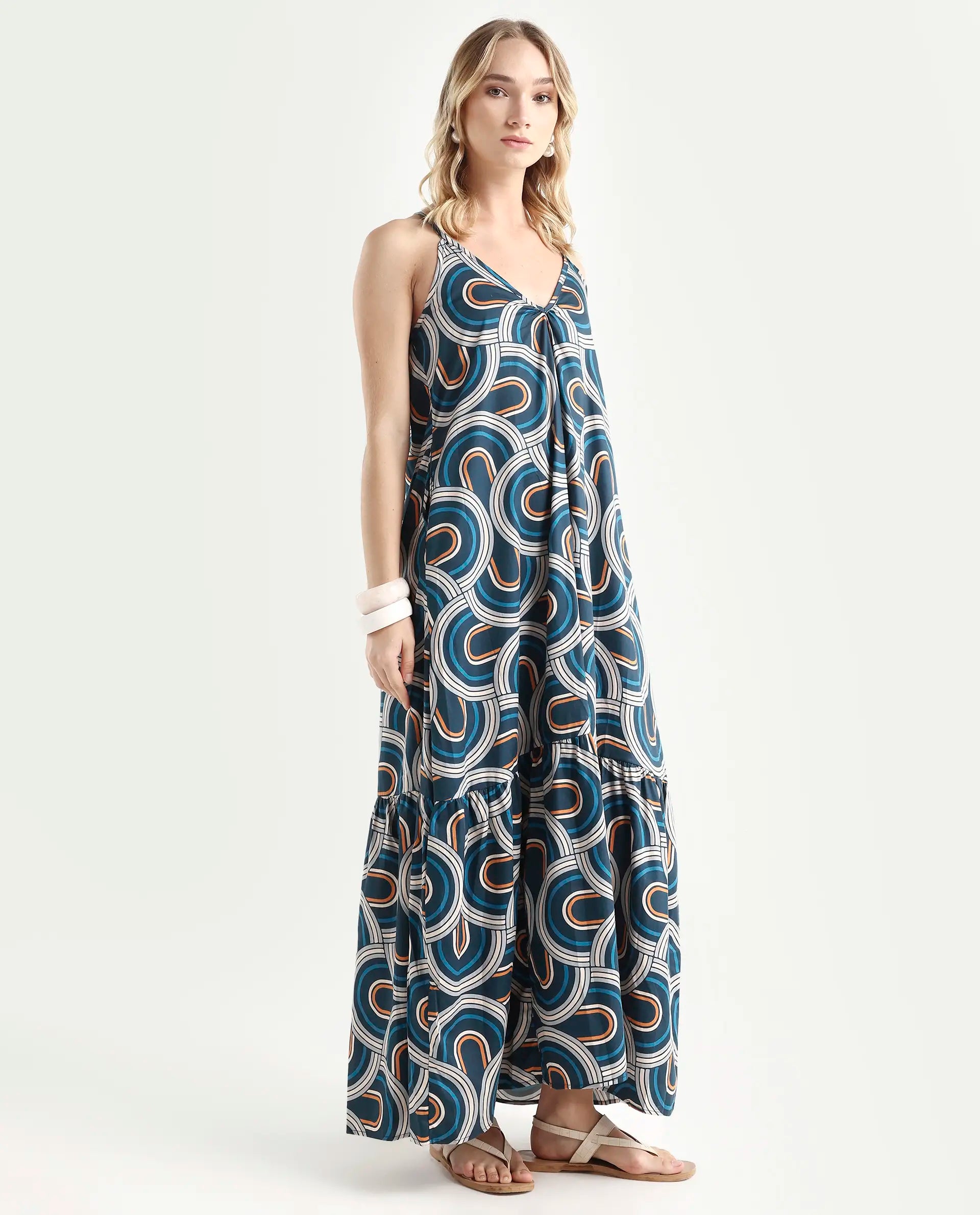 Rareism Women's Botany Blue Cotton V-Neck Abstract Print Shoulder Strap Maxi Relaxed Fit Dress