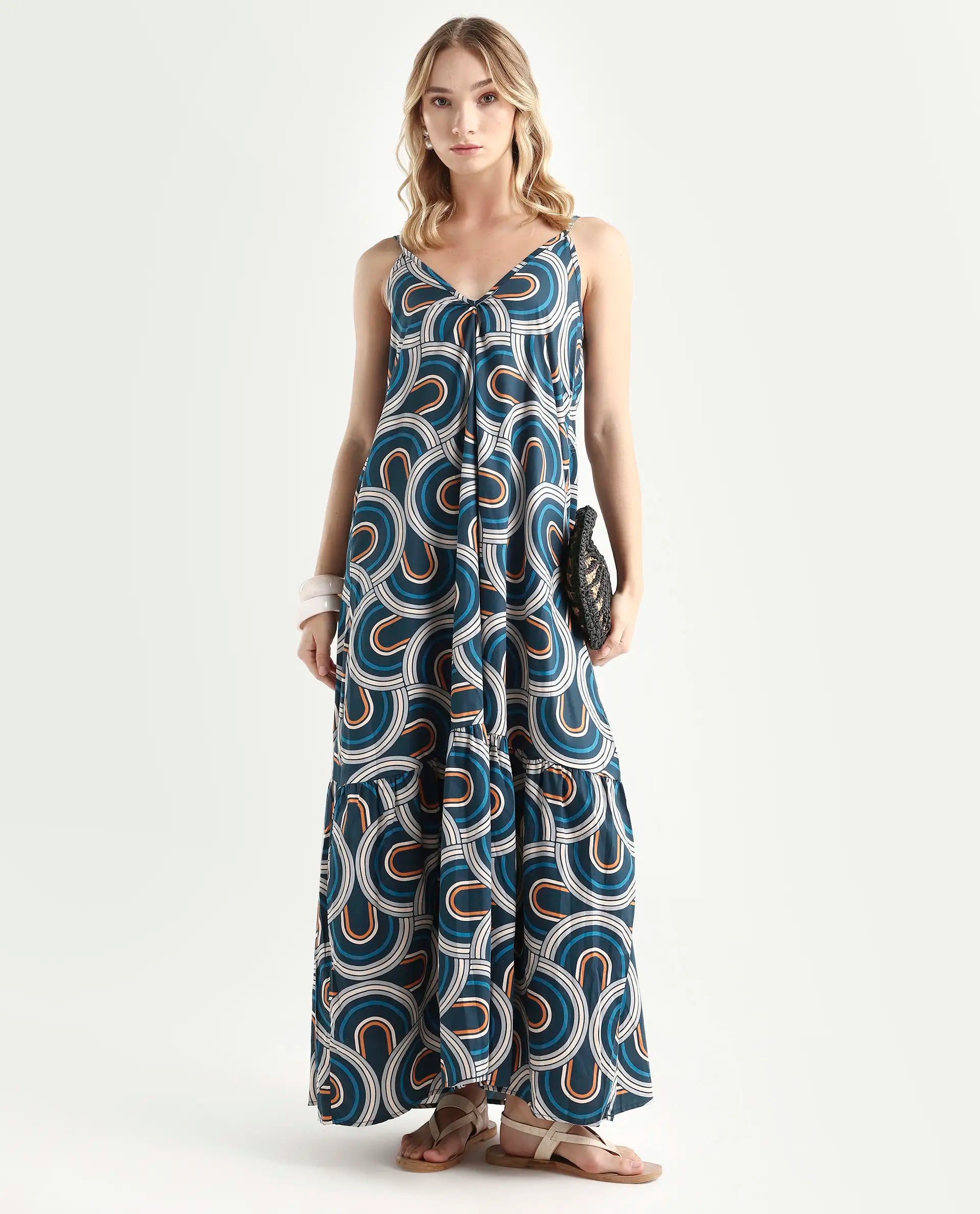 Rareism Women's Botany Blue Cotton V-Neck Abstract Print Shoulder Strap Maxi Relaxed Fit Dress