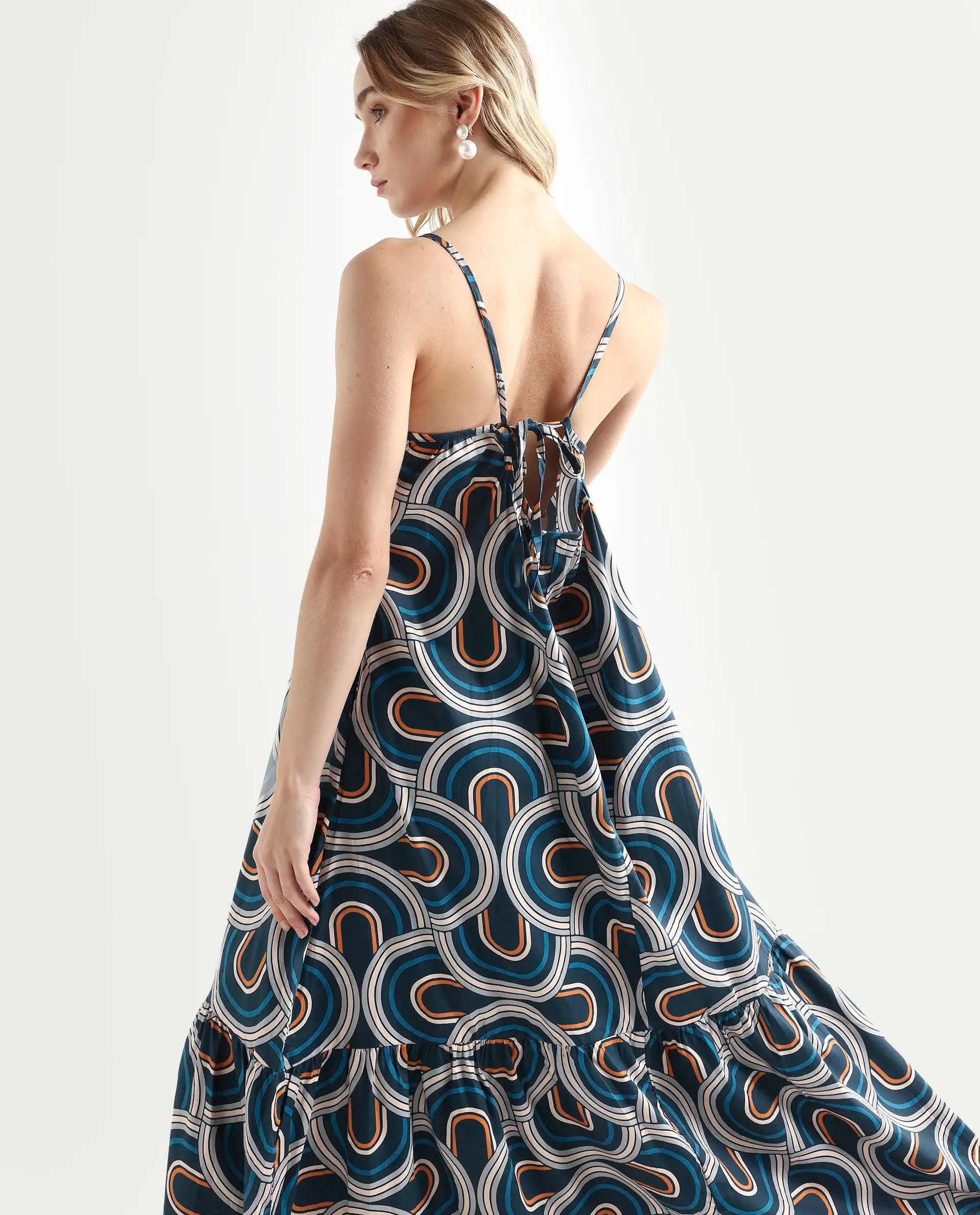 Rareism Women's Botany Blue Cotton V-Neck Abstract Print Shoulder Strap Maxi Relaxed Fit Dress