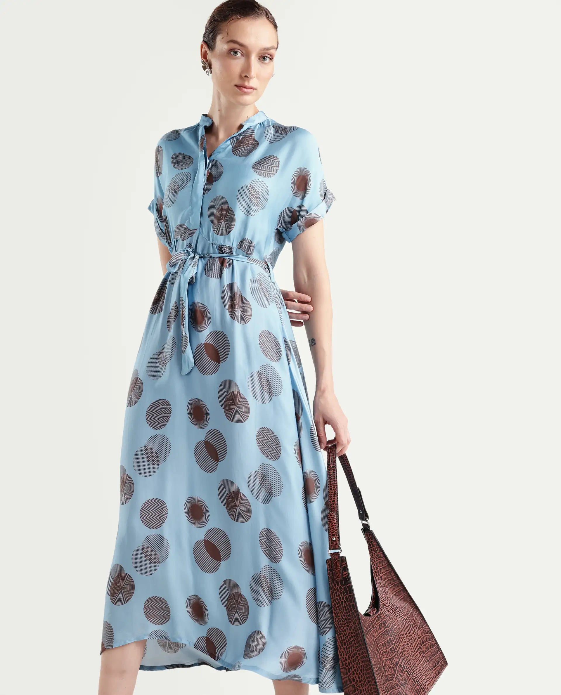 Rareism Womens Hen Blue Dress Cotton Silk Fabric Relaxed Fit Drop Shoulder Half Sleeve A Line Dress Long Length