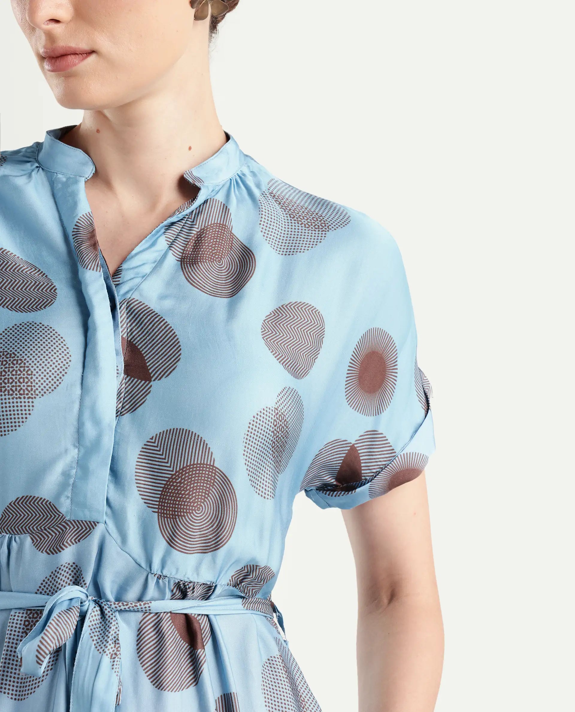 Rareism Womens Hen Blue Dress Cotton Silk Fabric Relaxed Fit Drop Shoulder Half Sleeve A Line Dress Long Length