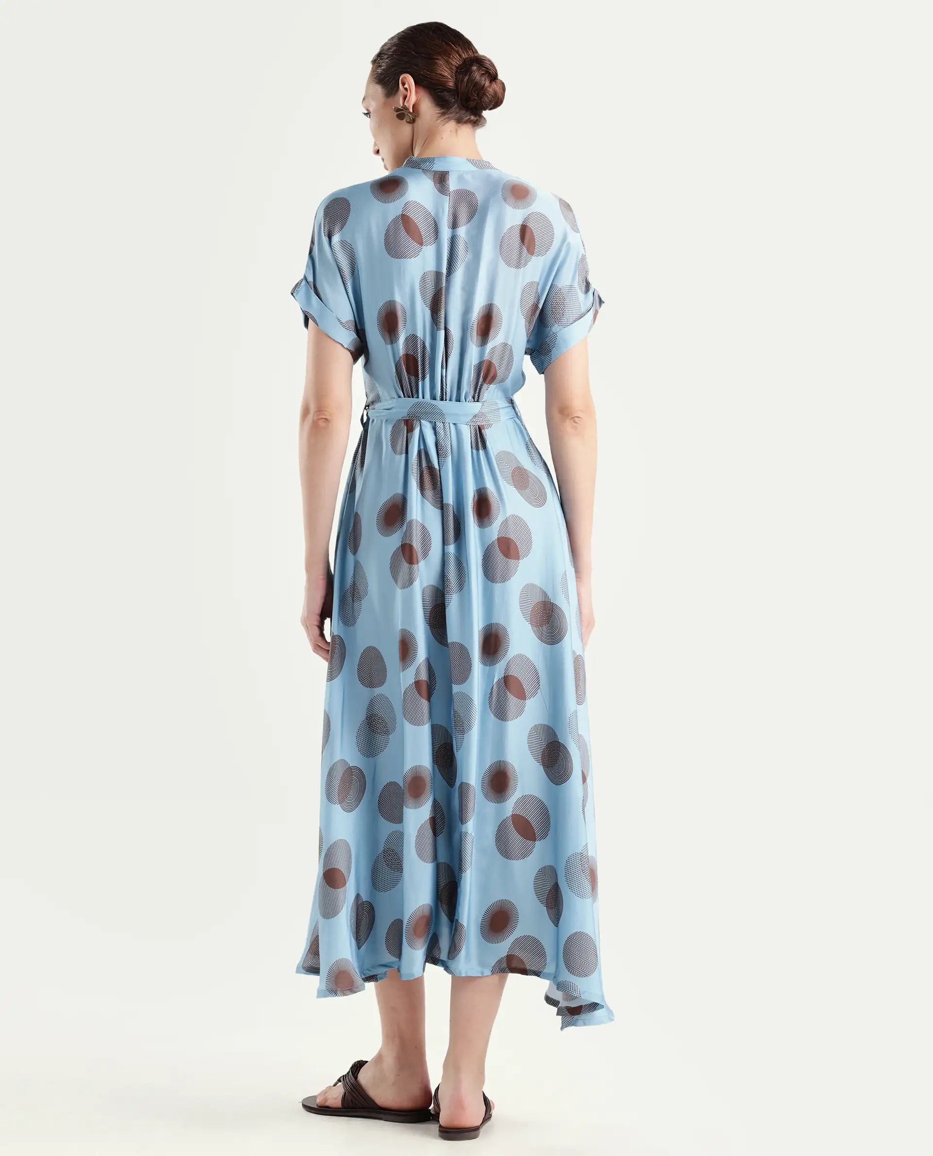 Rareism Womens Hen Blue Dress Cotton Silk Fabric Relaxed Fit Drop Shoulder Half Sleeve A Line Dress Long Length