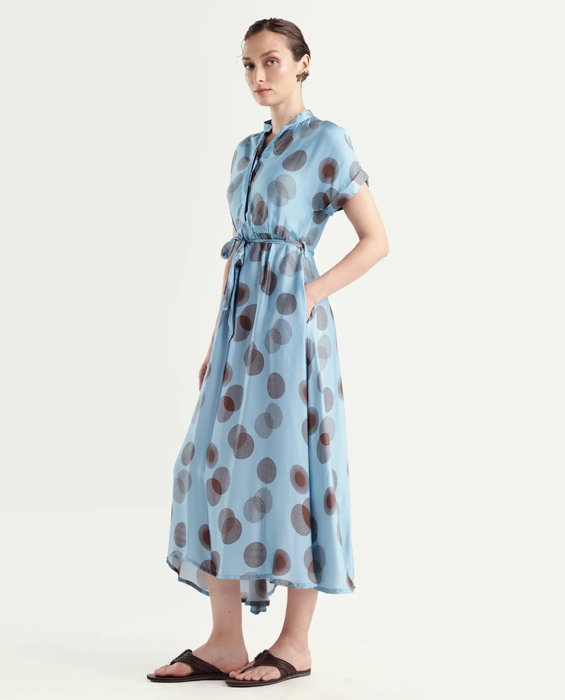 Rareism Womens Hen Blue Dress Cotton Silk Fabric Relaxed Fit Drop Shoulder Half Sleeve A Line Dress Long Length