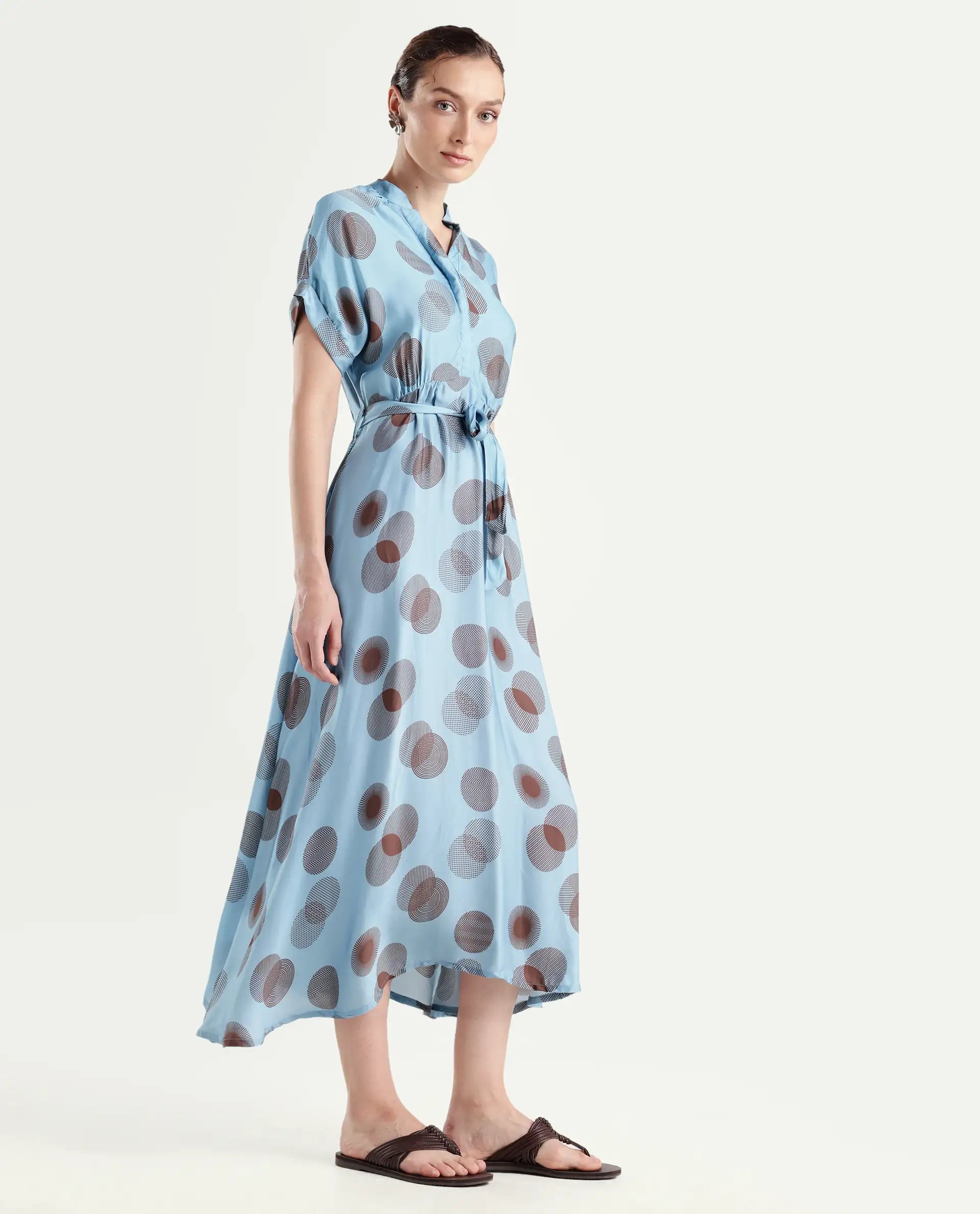 Rareism Womens Hen Blue Dress Cotton Silk Fabric Relaxed Fit Drop Shoulder Half Sleeve A Line Dress Long Length