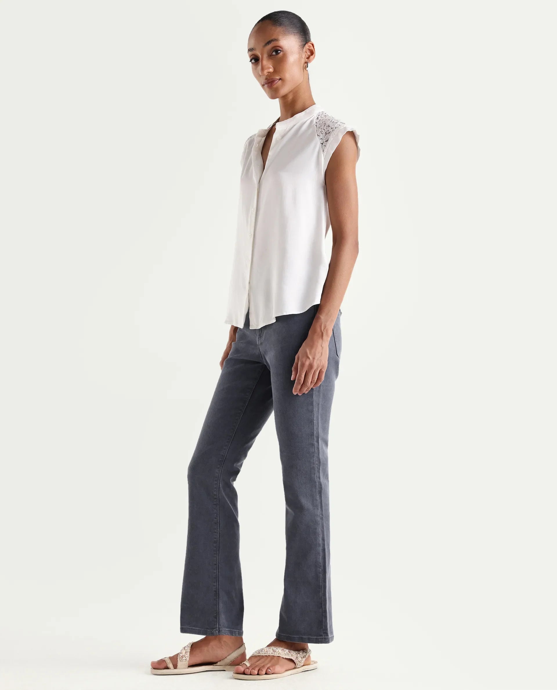 Rareism Women's Booter Grey Cotton Blend Plain Ankle Length CLASSIC BOOTCUT Jeans