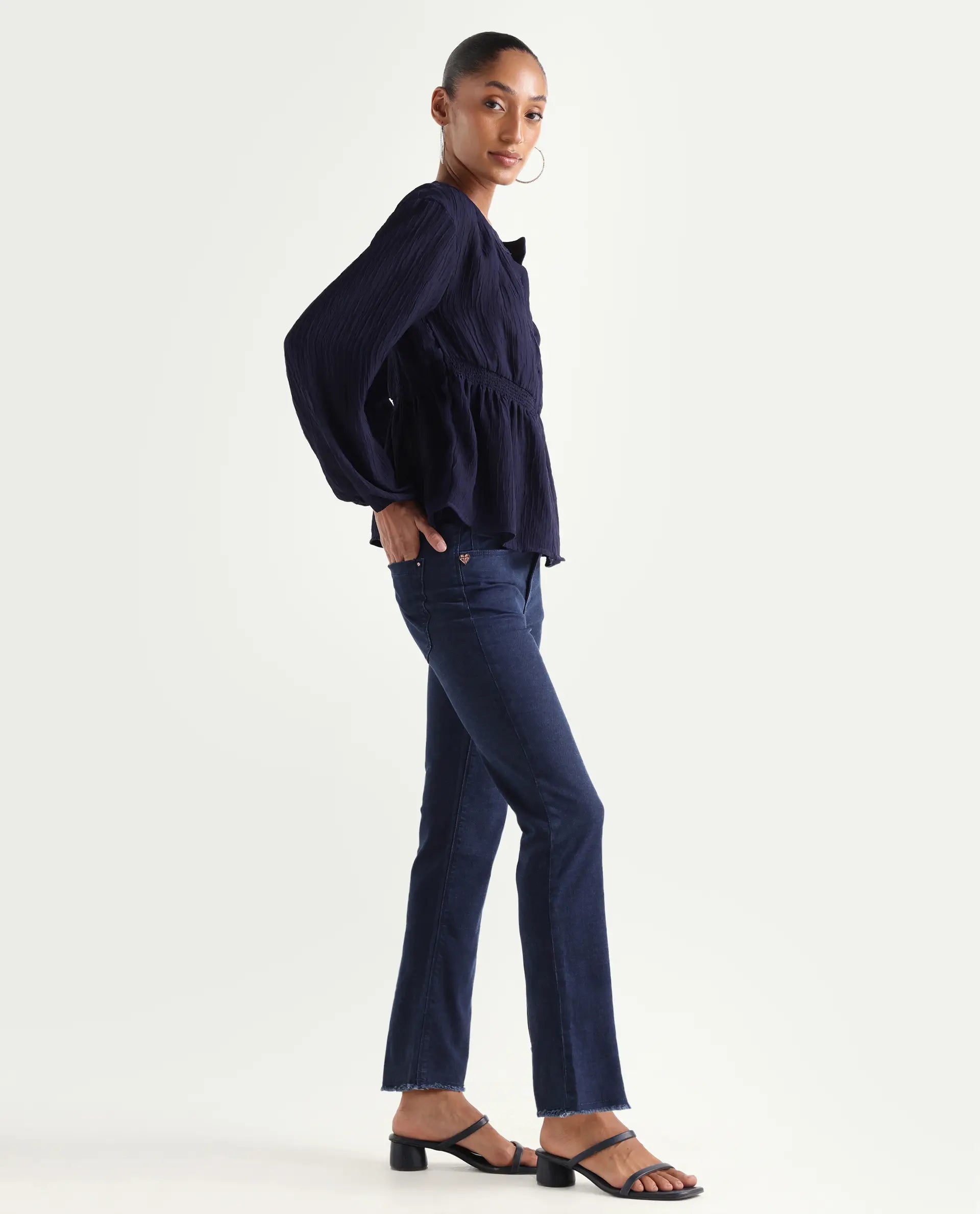Rareism Women's Hugo Blue Cotton Plain Ankle Length Relaxed Fit Jeans