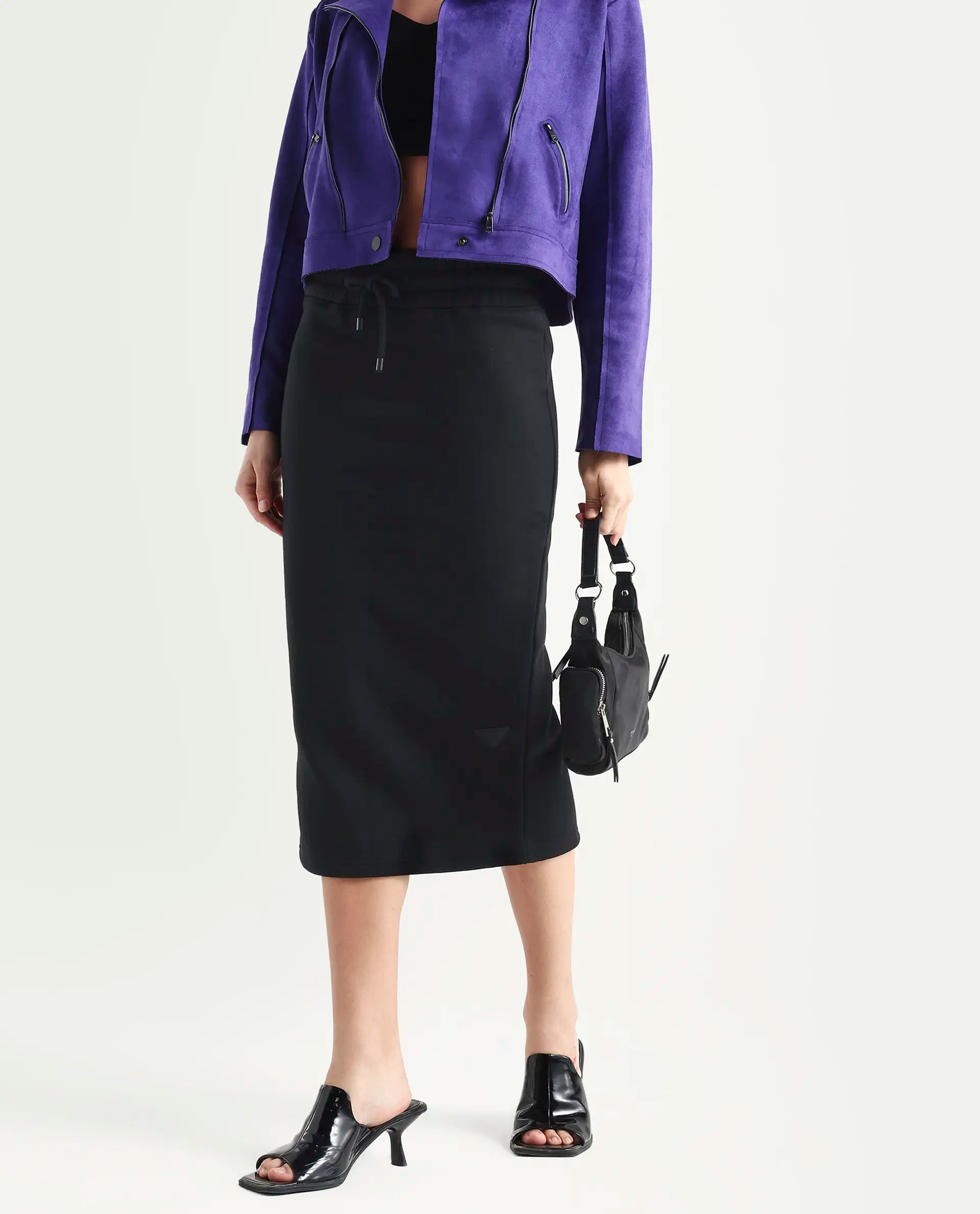 Rareism Women's Fudge Black Polyester Blend Plain Midi Tailored Skirt