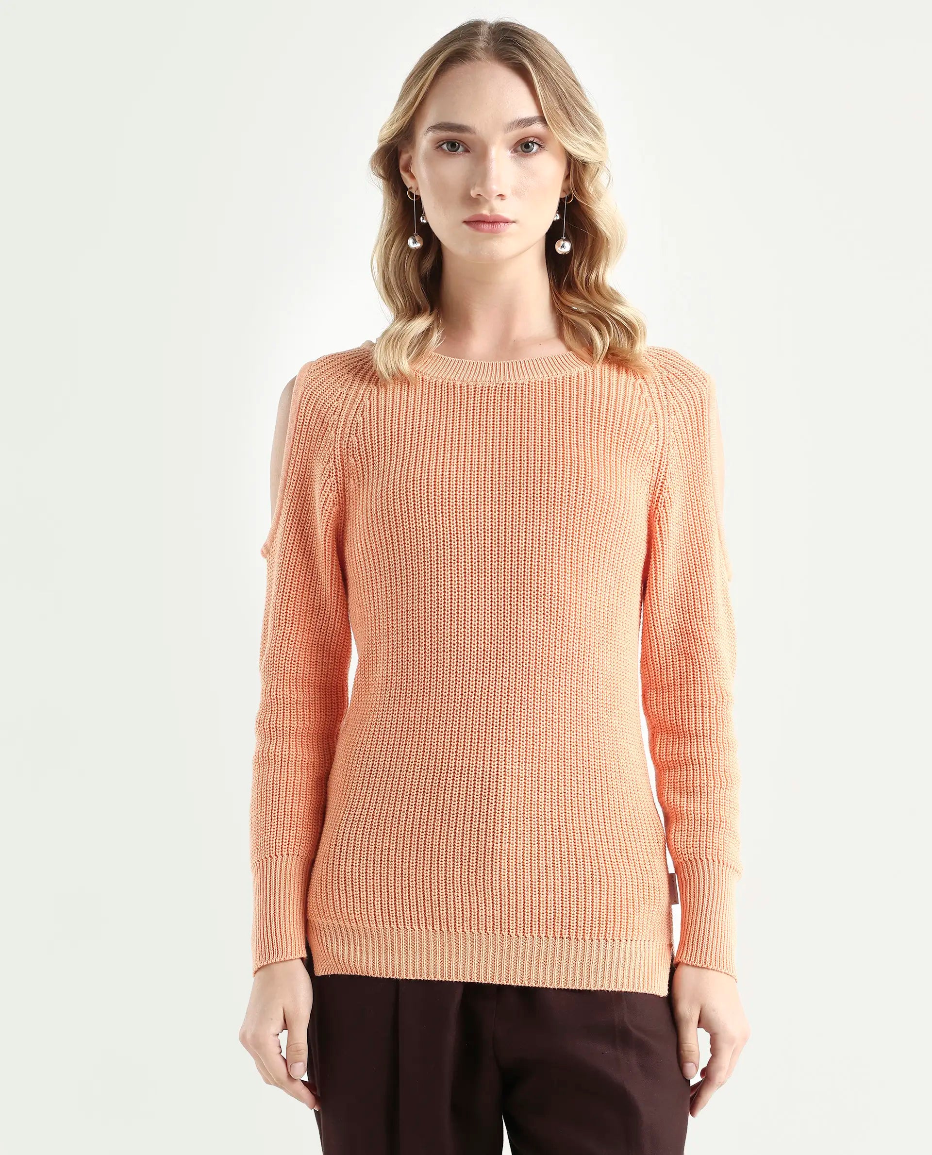 Rareism Women's Cold Orange Cotton Boat Neck Plain Slim Fit Sweater