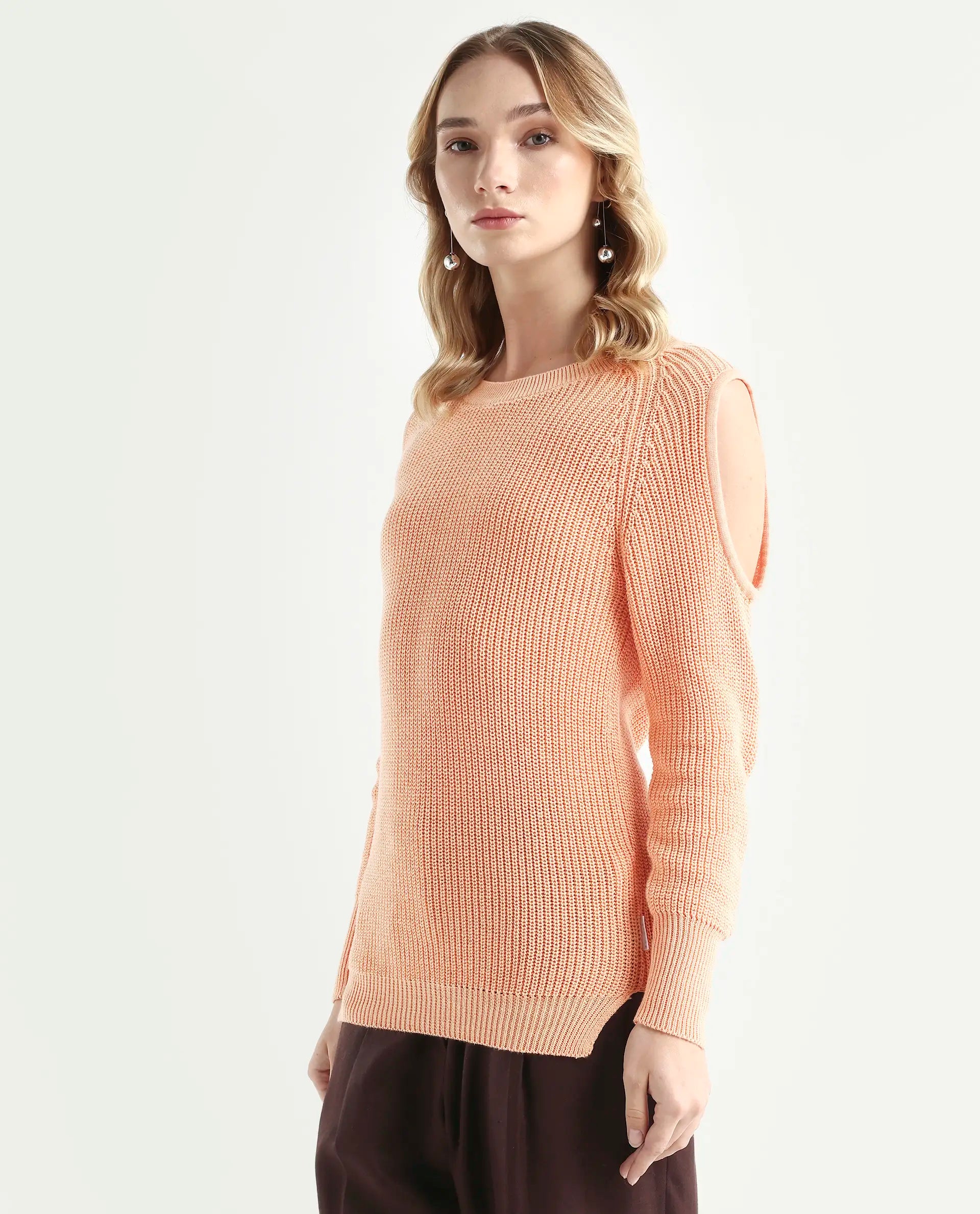 Rareism Women's Cold Orange Cotton Boat Neck Plain Slim Fit Sweater