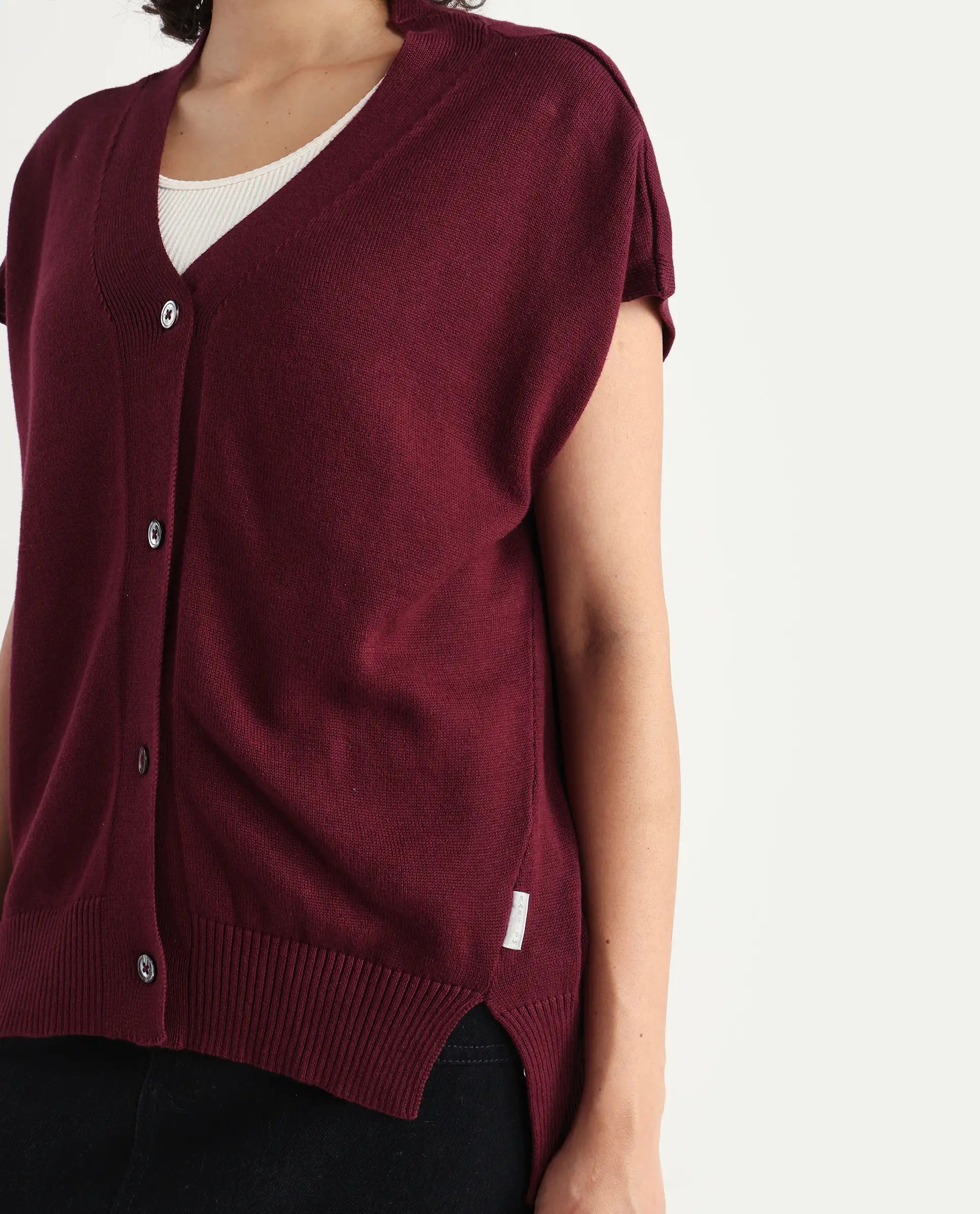 Rareism Women's Pave Maroon Cotton V-Neck Plain Extended Sleeves Regular Fit Sweater