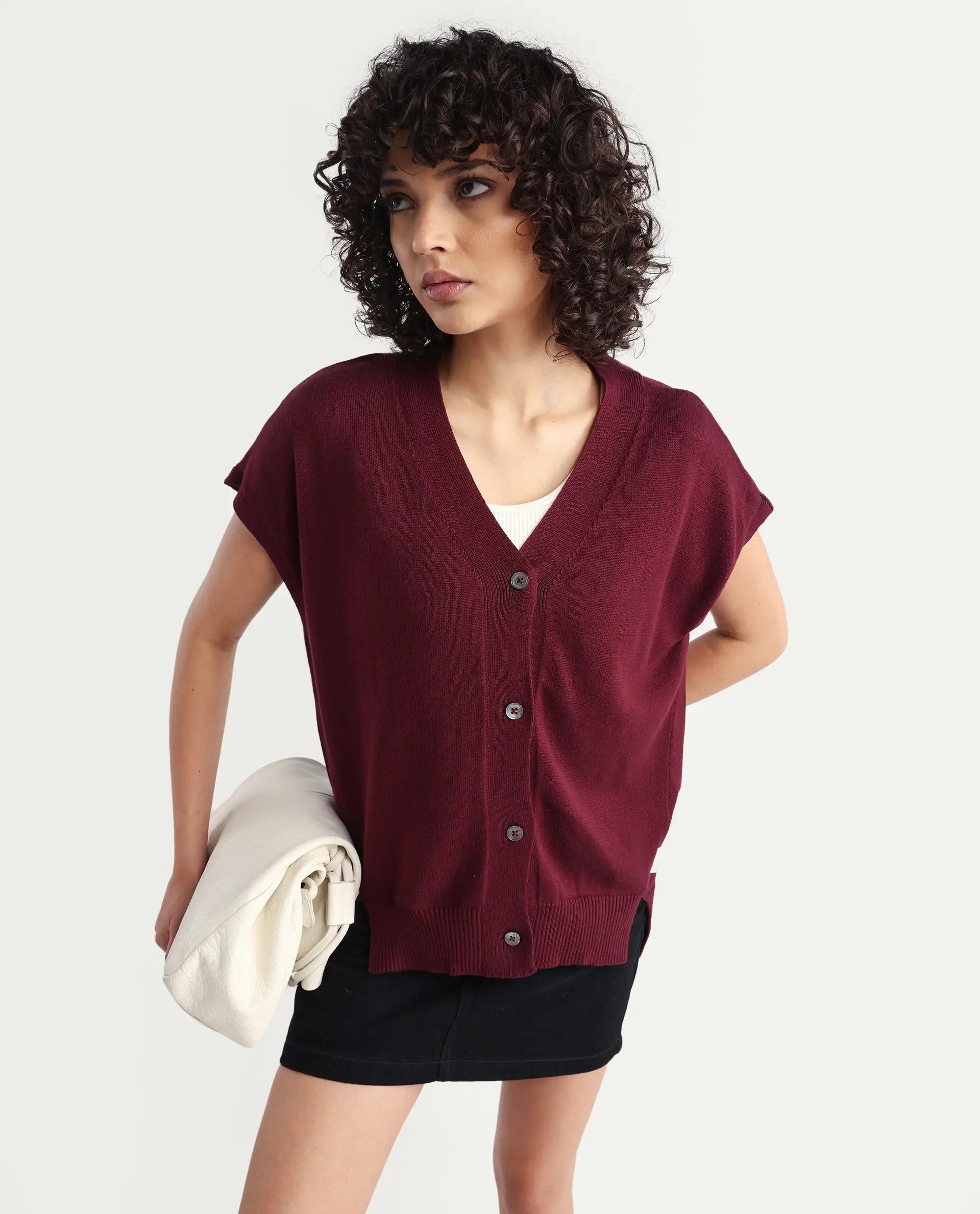 Rareism Women's Pave Maroon Cotton V-Neck Plain Extended Sleeves Regular Fit Sweater