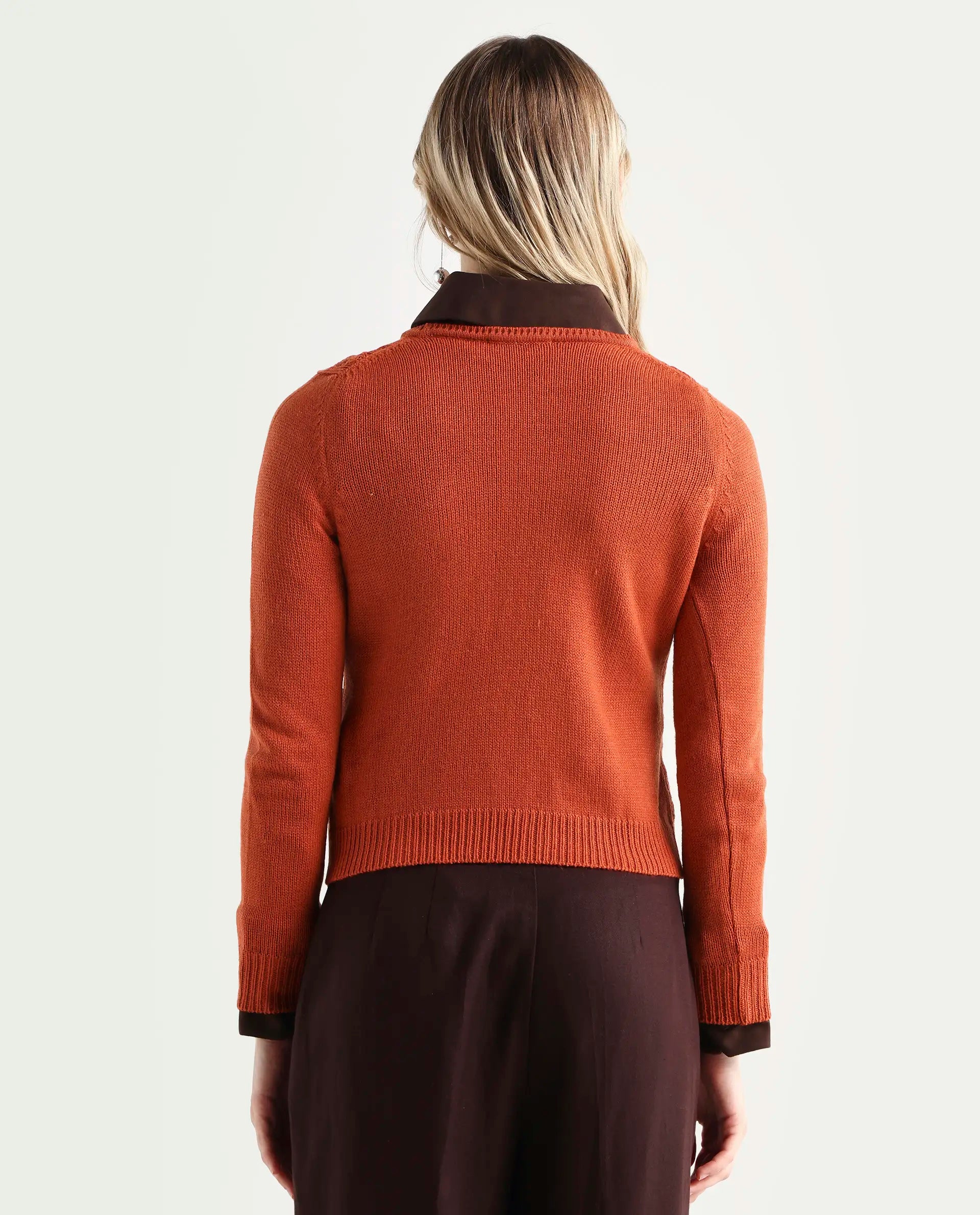 Rareism Women's Sami Orange Acrylic Crew Neck Plain Slim Fit Sweater