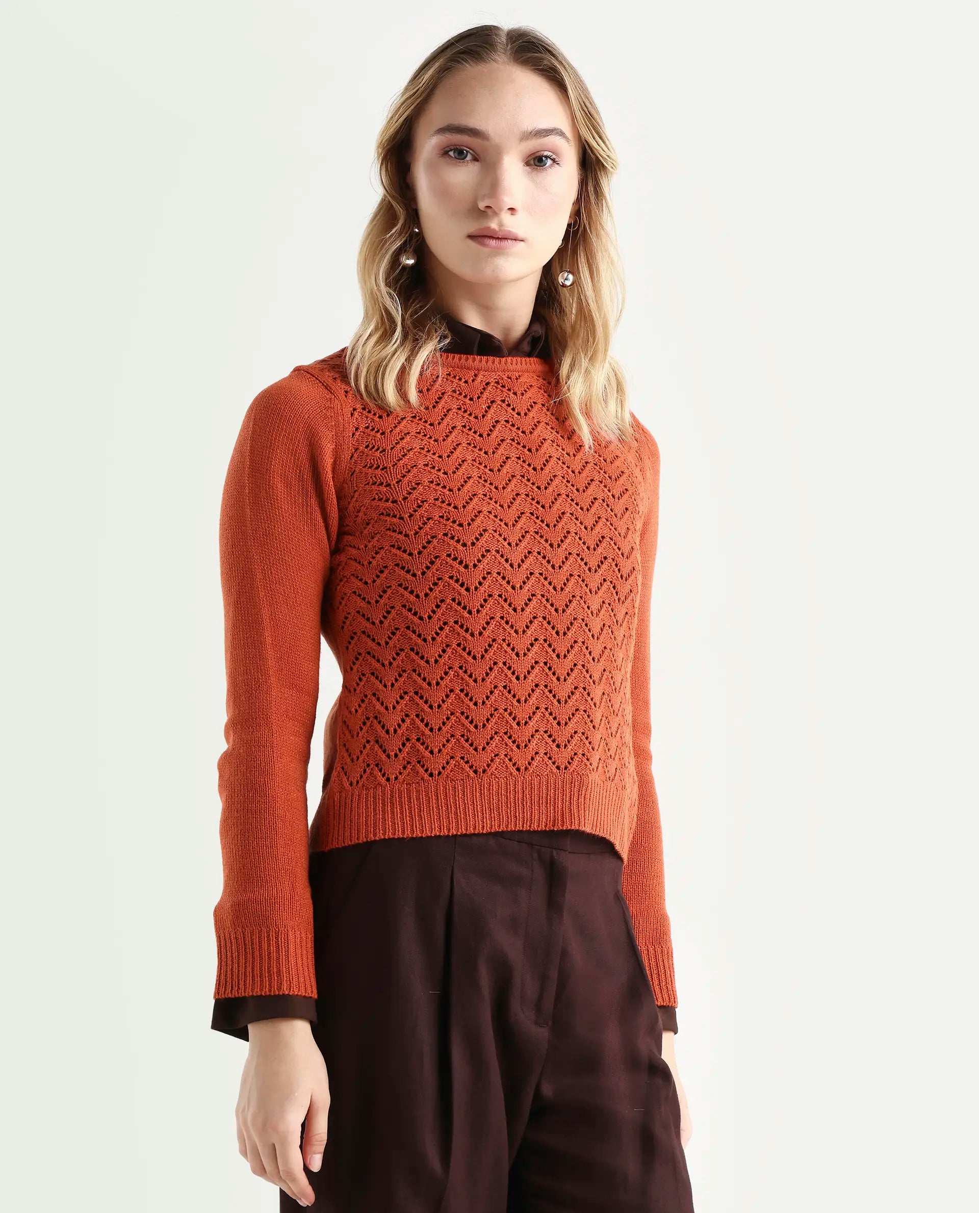 Rareism Women's Sami Orange Acrylic Crew Neck Plain Slim Fit Sweater