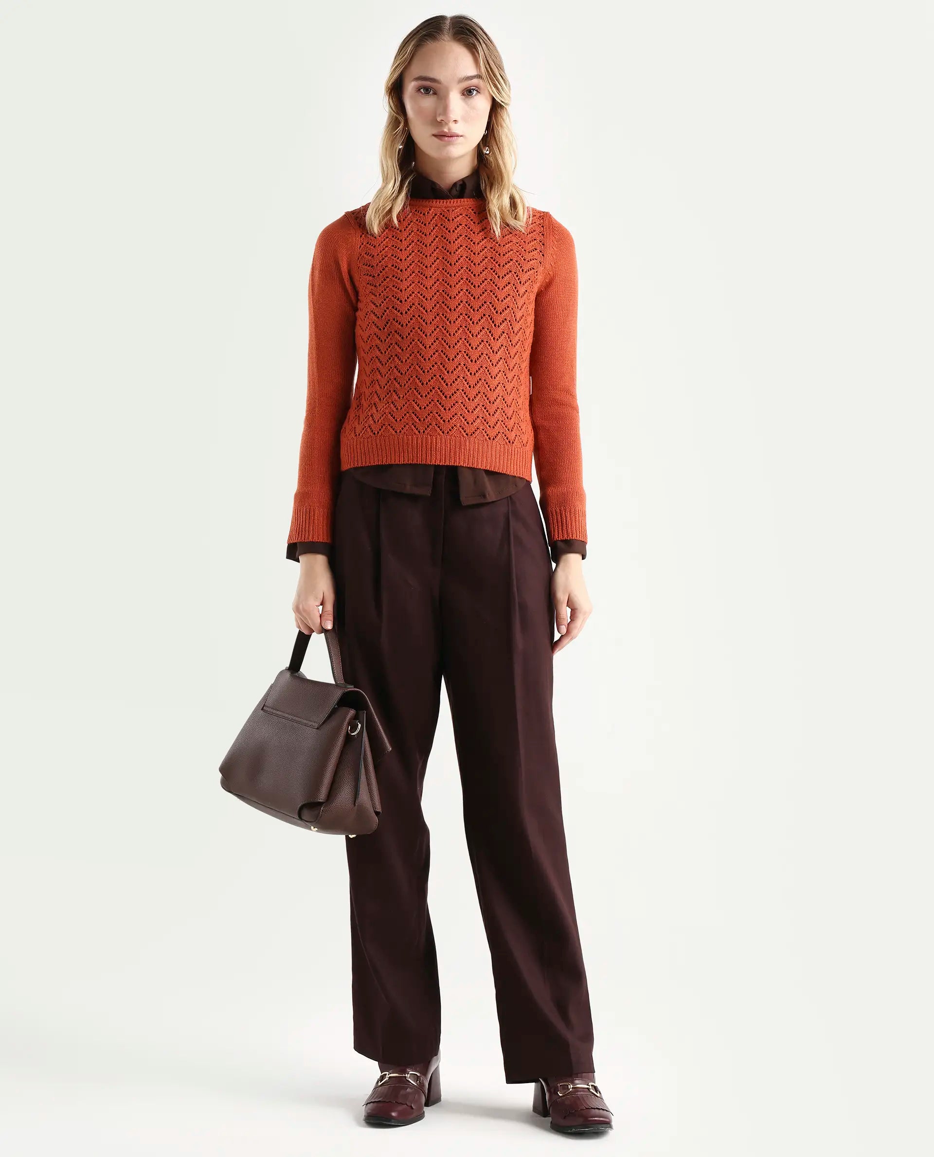 Rareism Women's Sami Orange Acrylic Crew Neck Plain Slim Fit Sweater