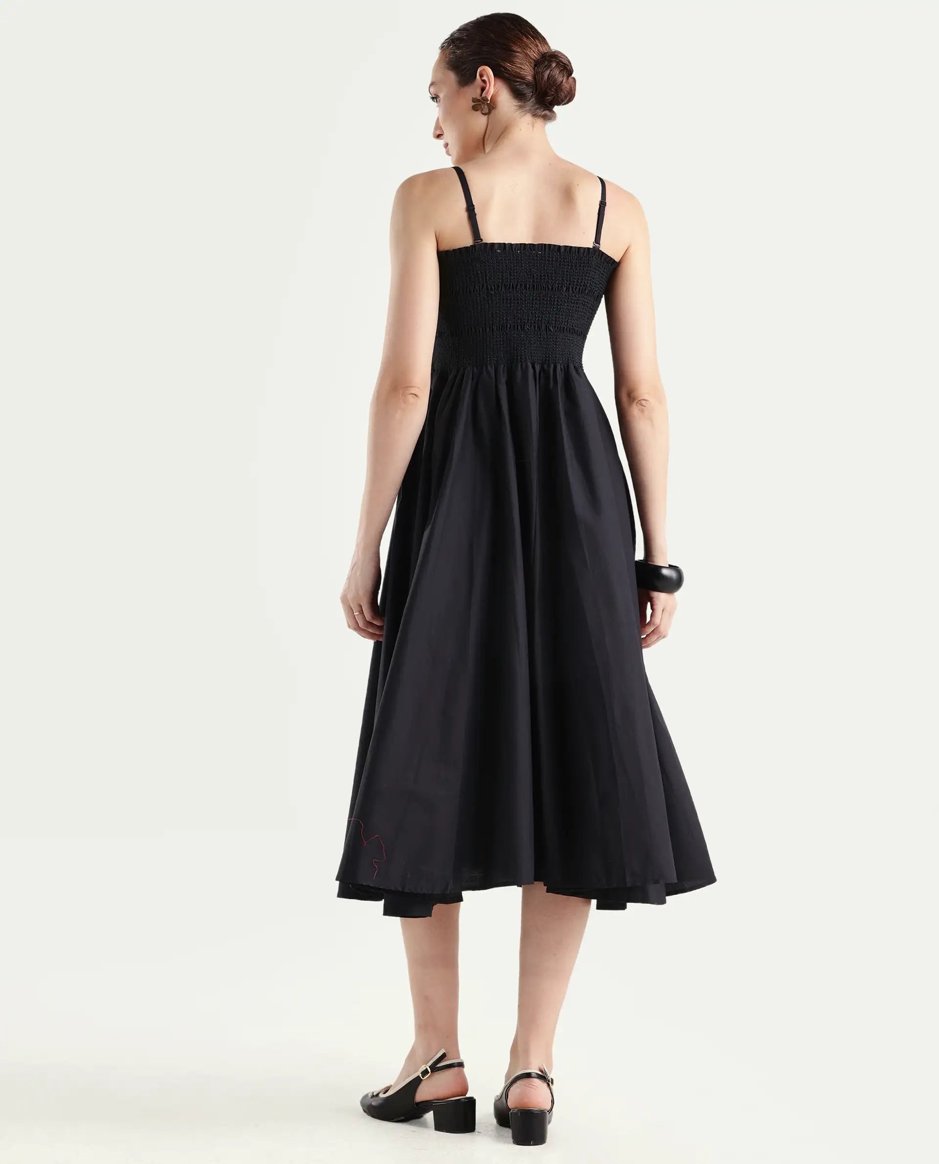 Rareism Women's Zozo Black Cotton Blend Tube Neck Plain Sleeveless Knee Length Regular Fit Dress