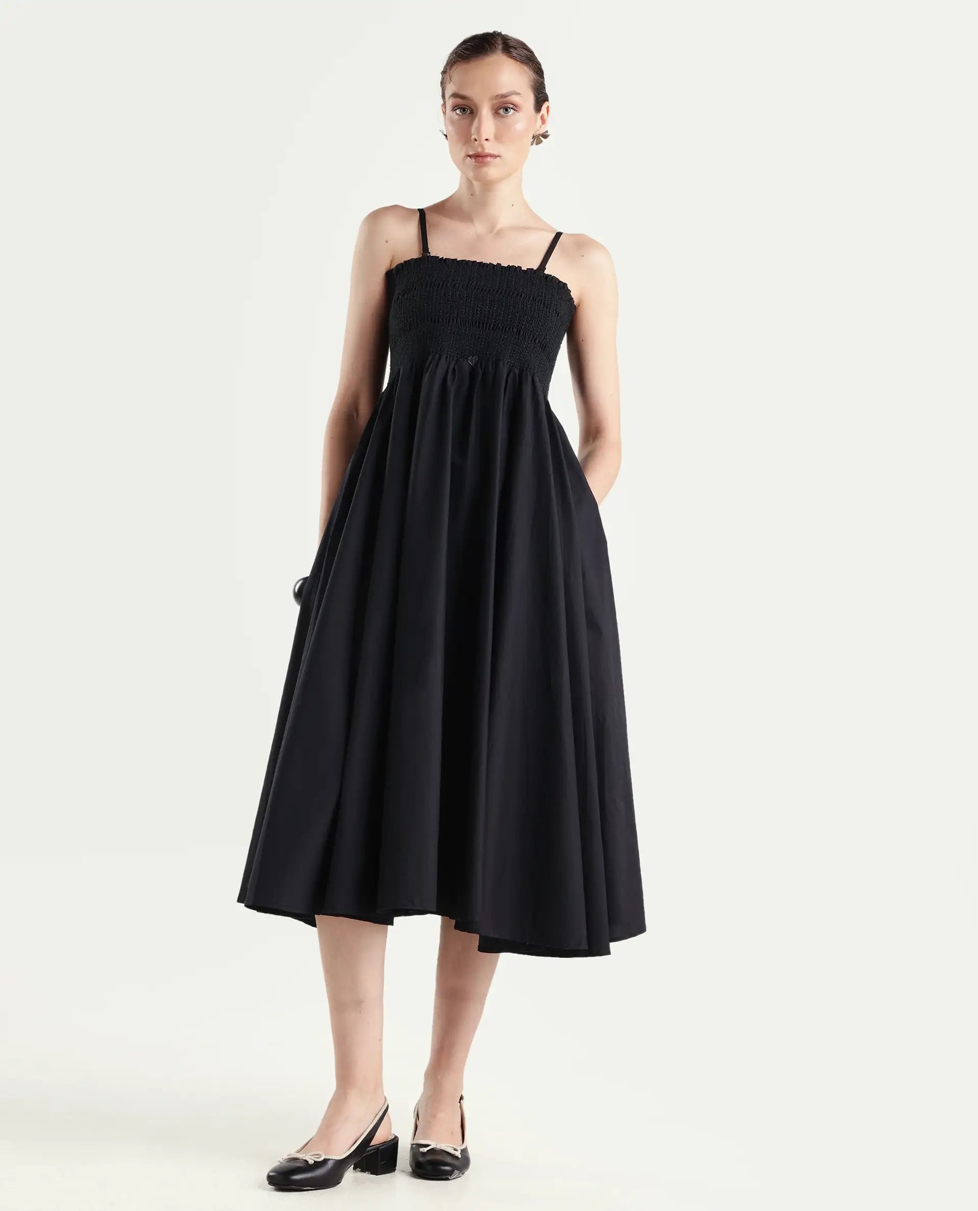 Rareism Women's Zozo Black Cotton Blend Tube Neck Plain Sleeveless Knee Length Regular Fit Dress