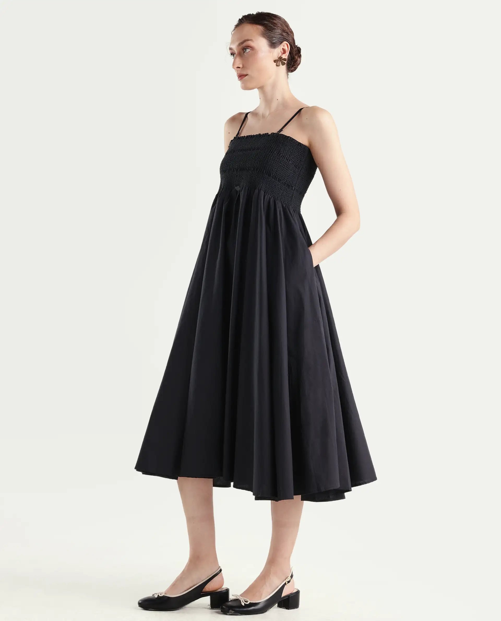 Rareism Women's Zozo Black Cotton Blend Tube Neck Plain Sleeveless Knee Length Regular Fit Dress