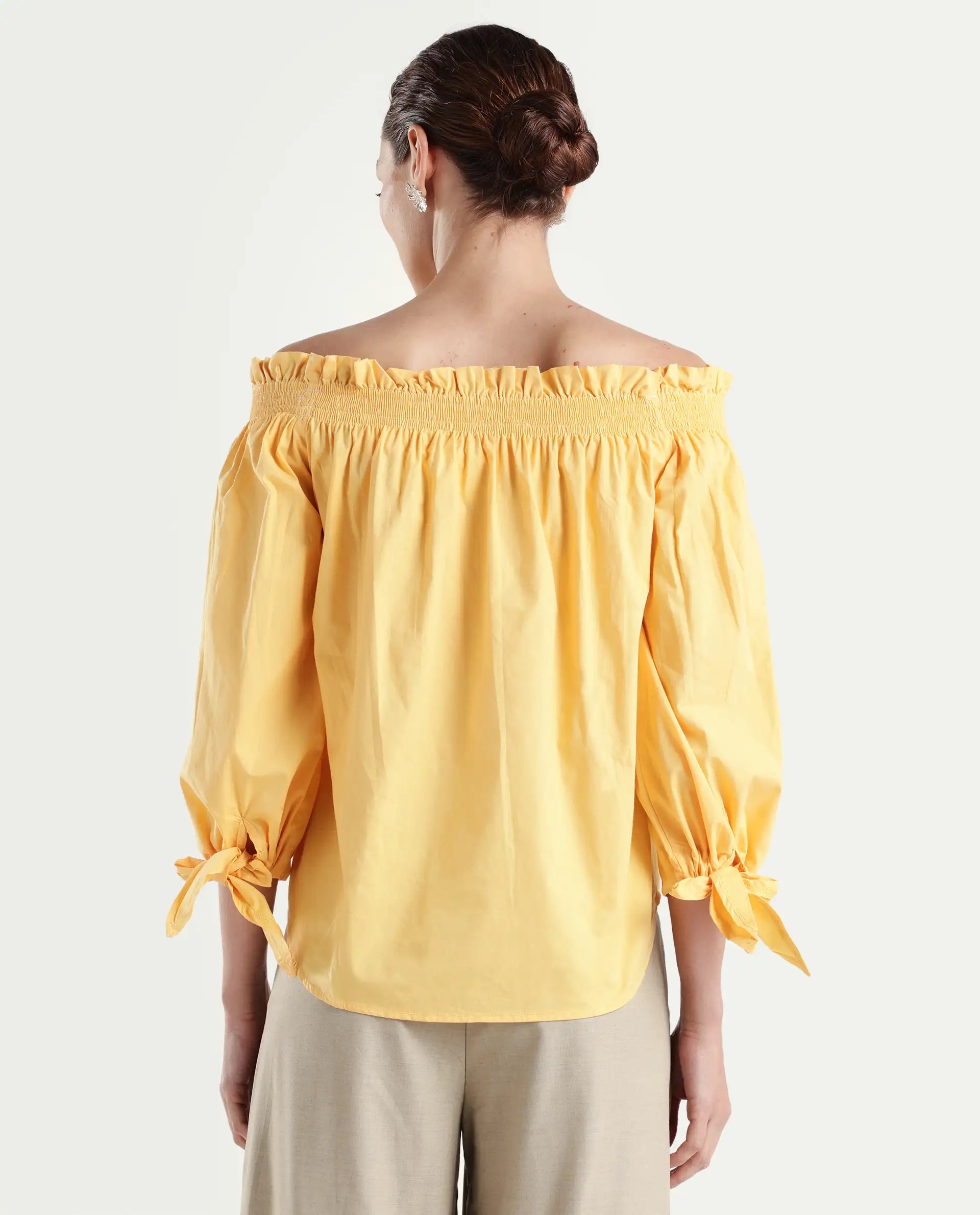 Rareism Womens Evenin Yellow Top Cotton Fabric Loose Fit Cold Shoulder Sleeve
