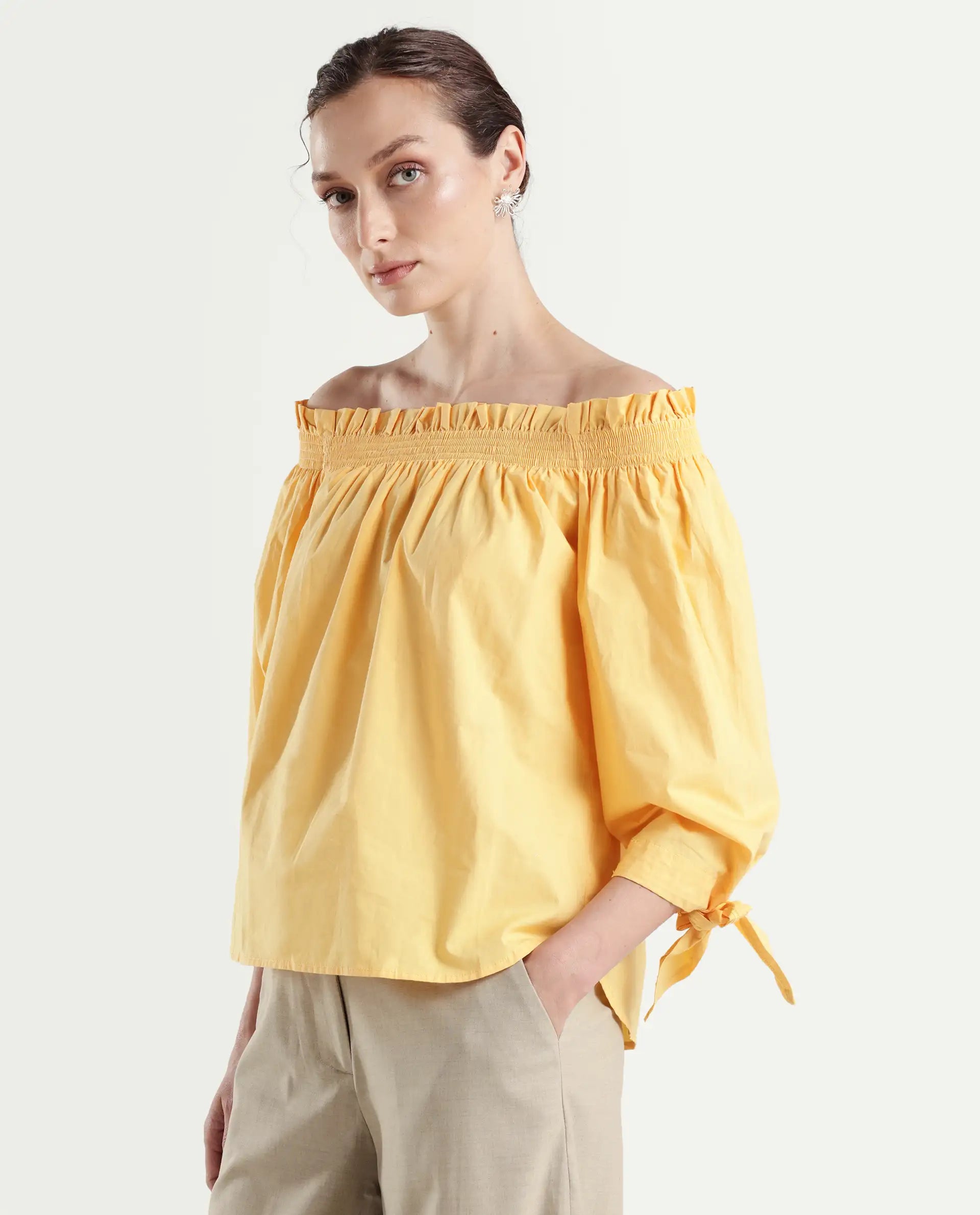 Rareism Womens Evenin Yellow Top Cotton Fabric Loose Fit Cold Shoulder Sleeve