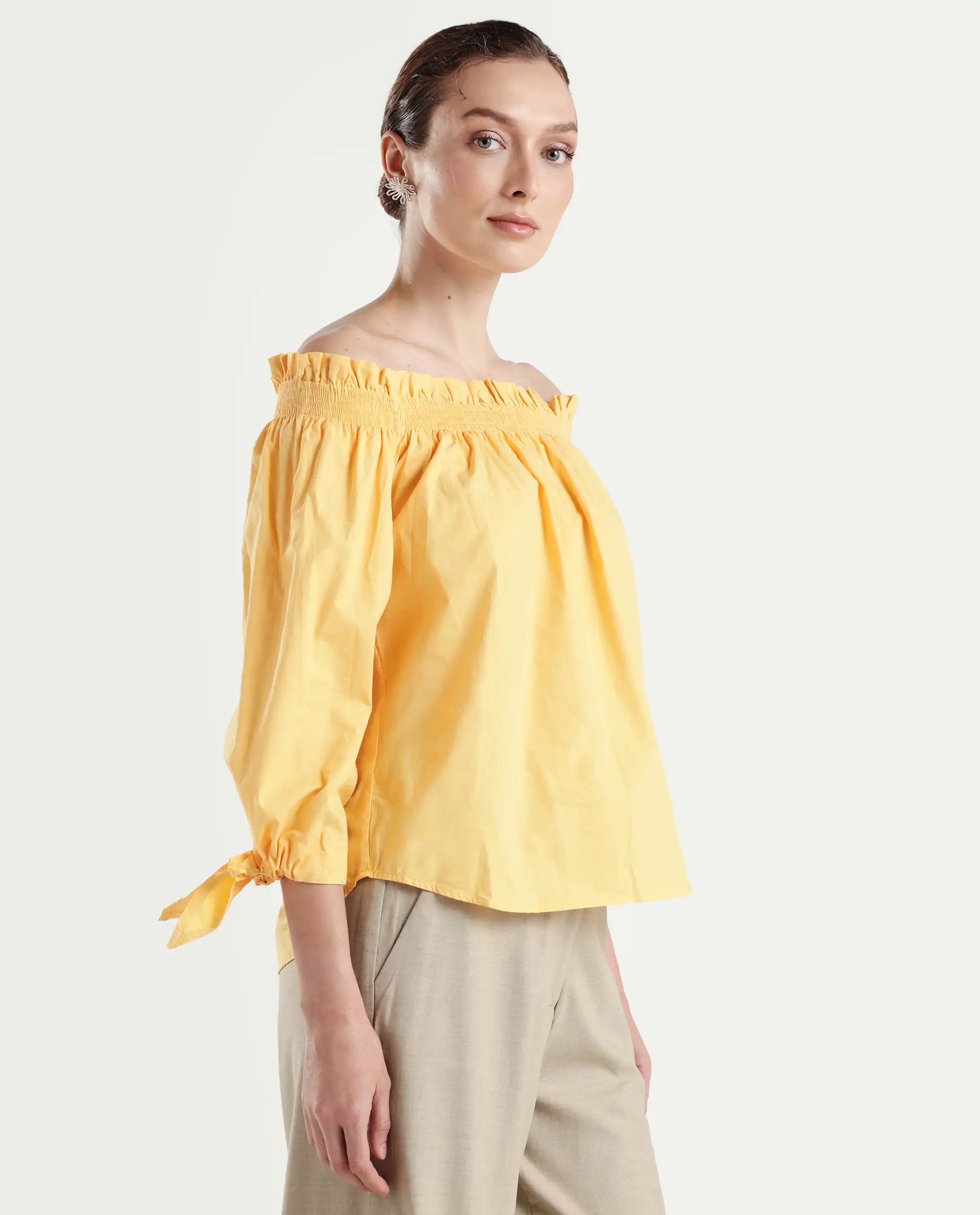 Rareism Womens Evenin Yellow Top Cotton Fabric Loose Fit Cold Shoulder Sleeve