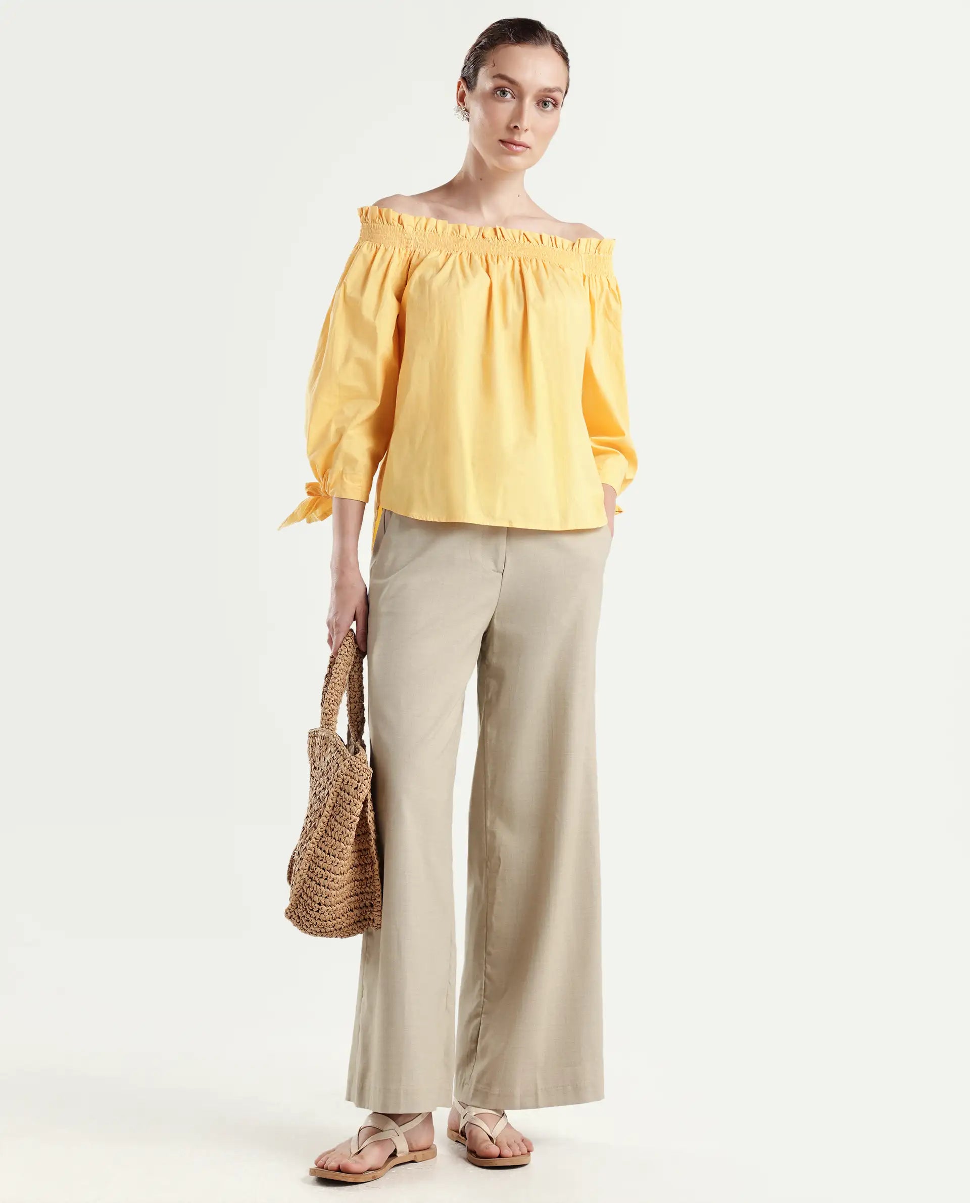 Rareism Womens Evenin Yellow Top Cotton Fabric Loose Fit Cold Shoulder Sleeve