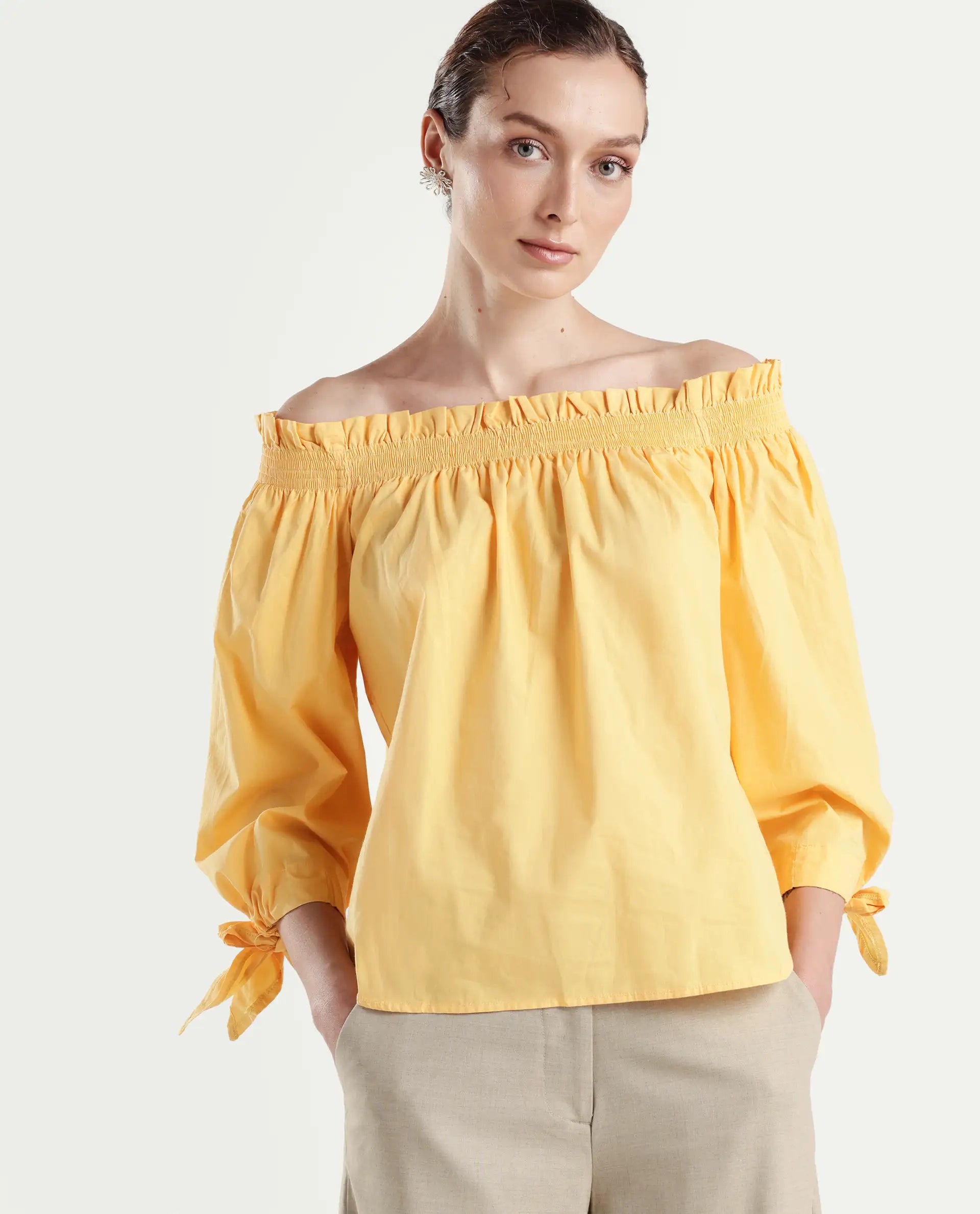 Rareism Womens Evenin Yellow Top Cotton Fabric Loose Fit Cold Shoulder Sleeve
