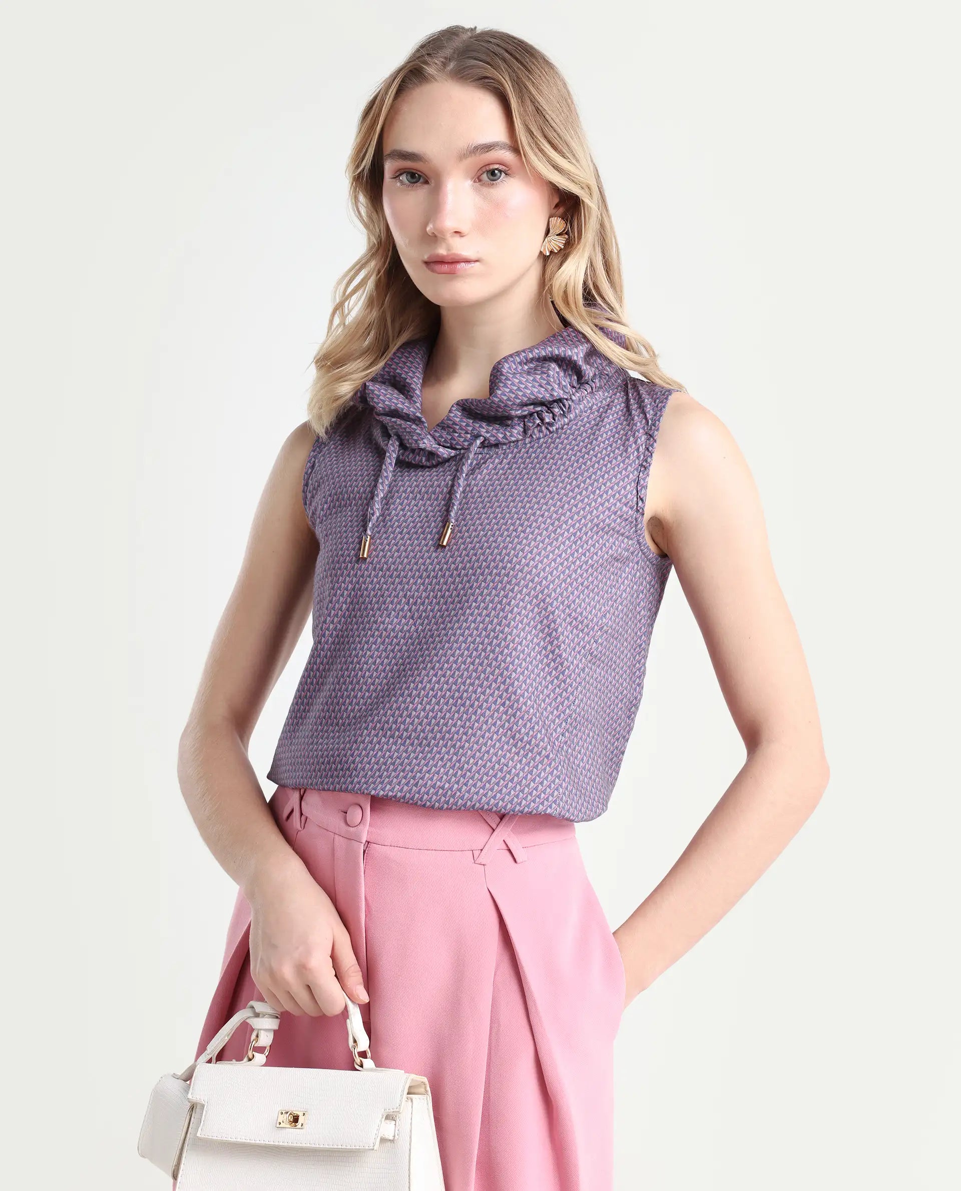 Rareism Women's Apron Grey Cotton Cowl Neck Geometric Print Top