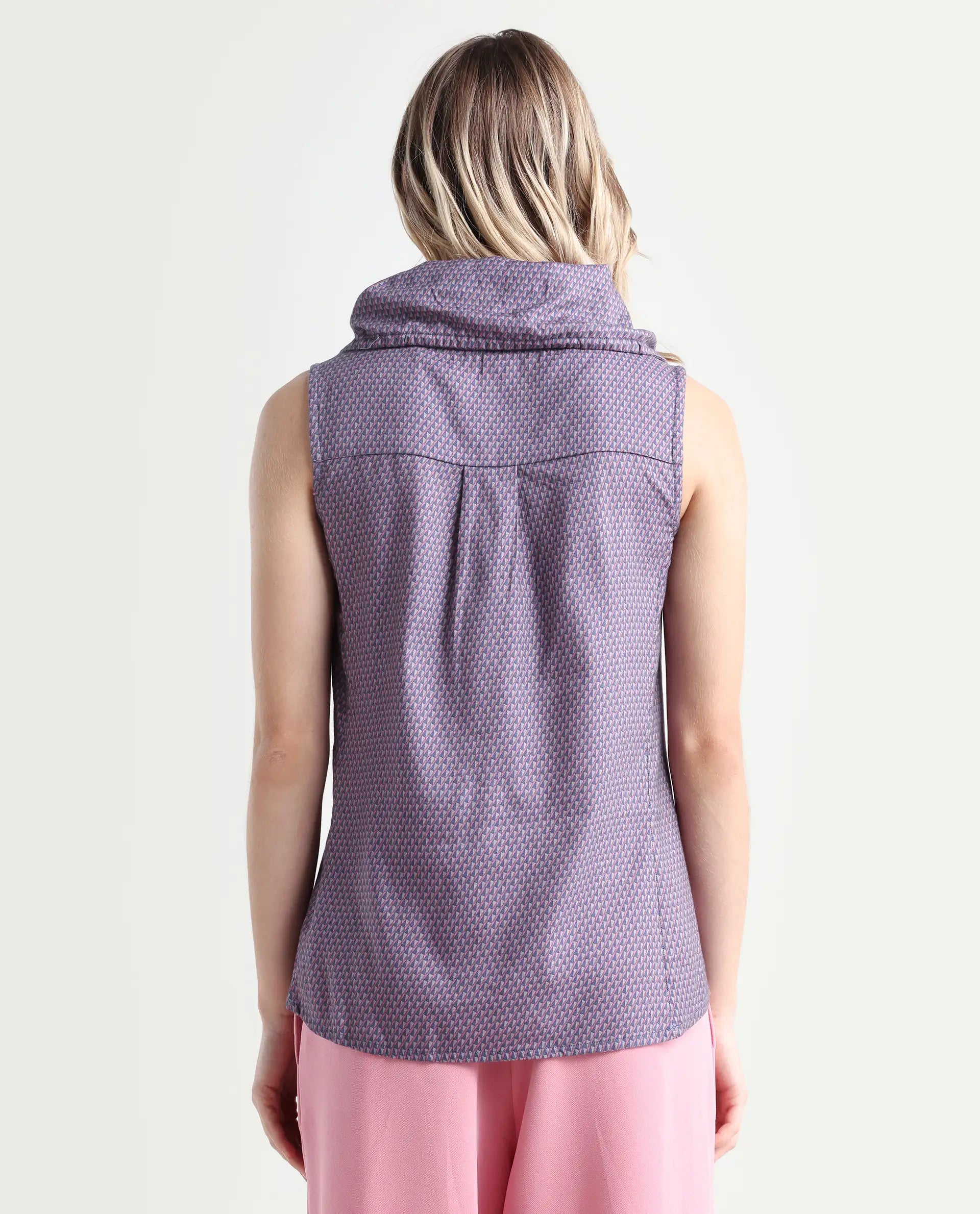 Rareism Women's Apron Grey Cotton Cowl Neck Geometric Print Top