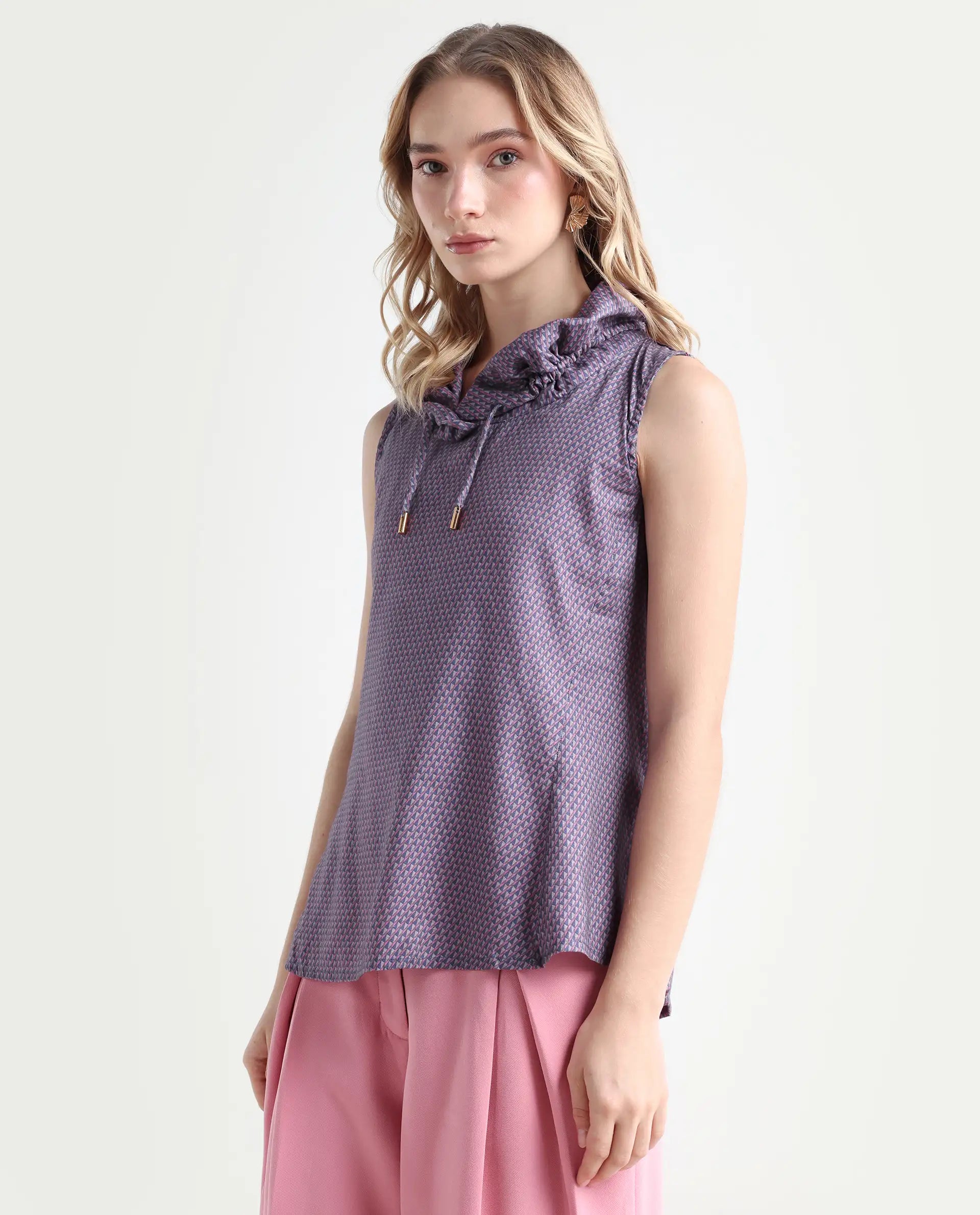 Rareism Women's Apron Grey Cotton Cowl Neck Geometric Print Top